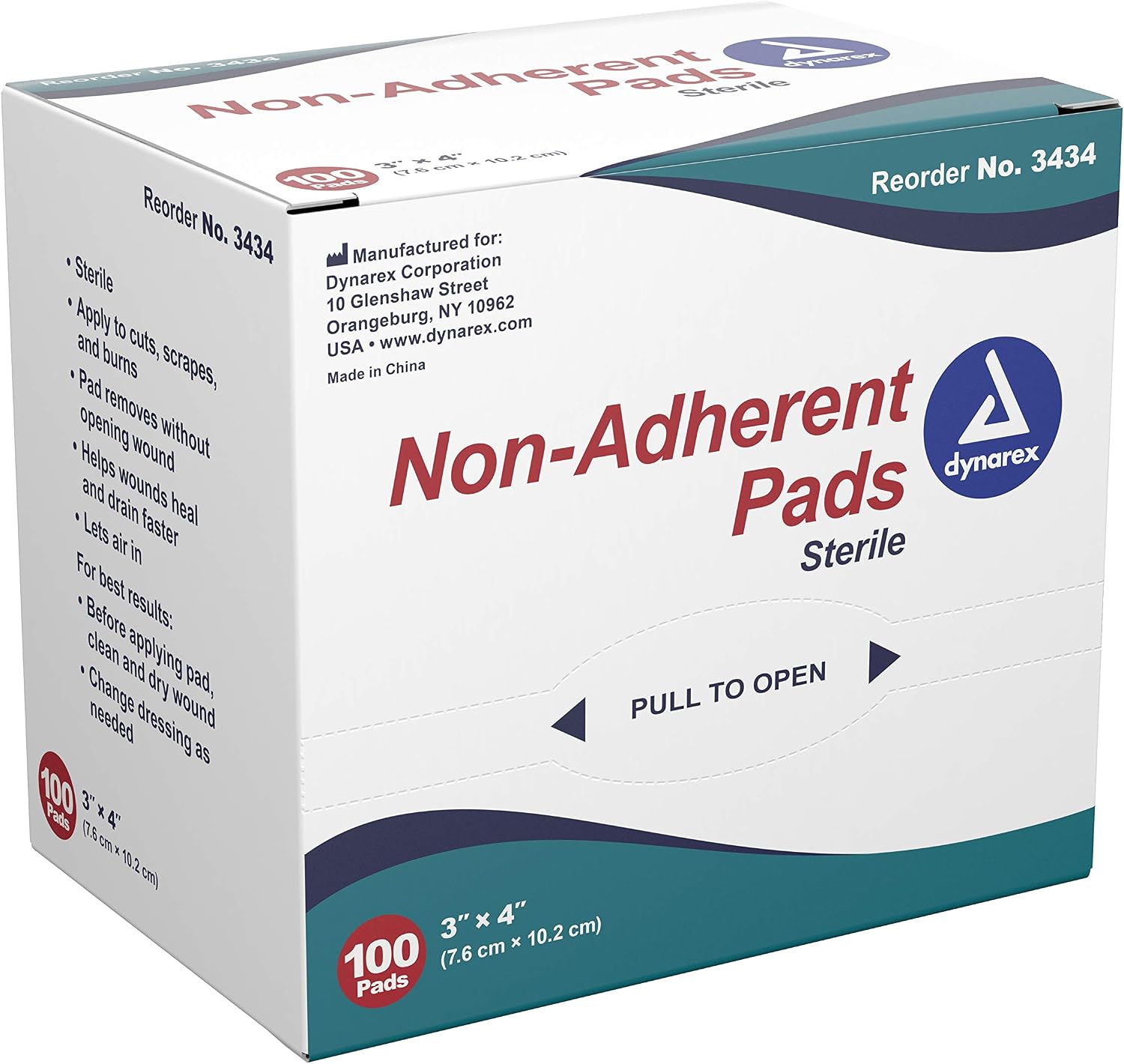 Dynarex Non-Adherent Pads-Sterile, Individually Packaged, Non-Stick Wound and Burn Care, Soft & Highly Absorbent, 3” x 4”, 1 Box of 100 Non-Adherent Pads-Sterile