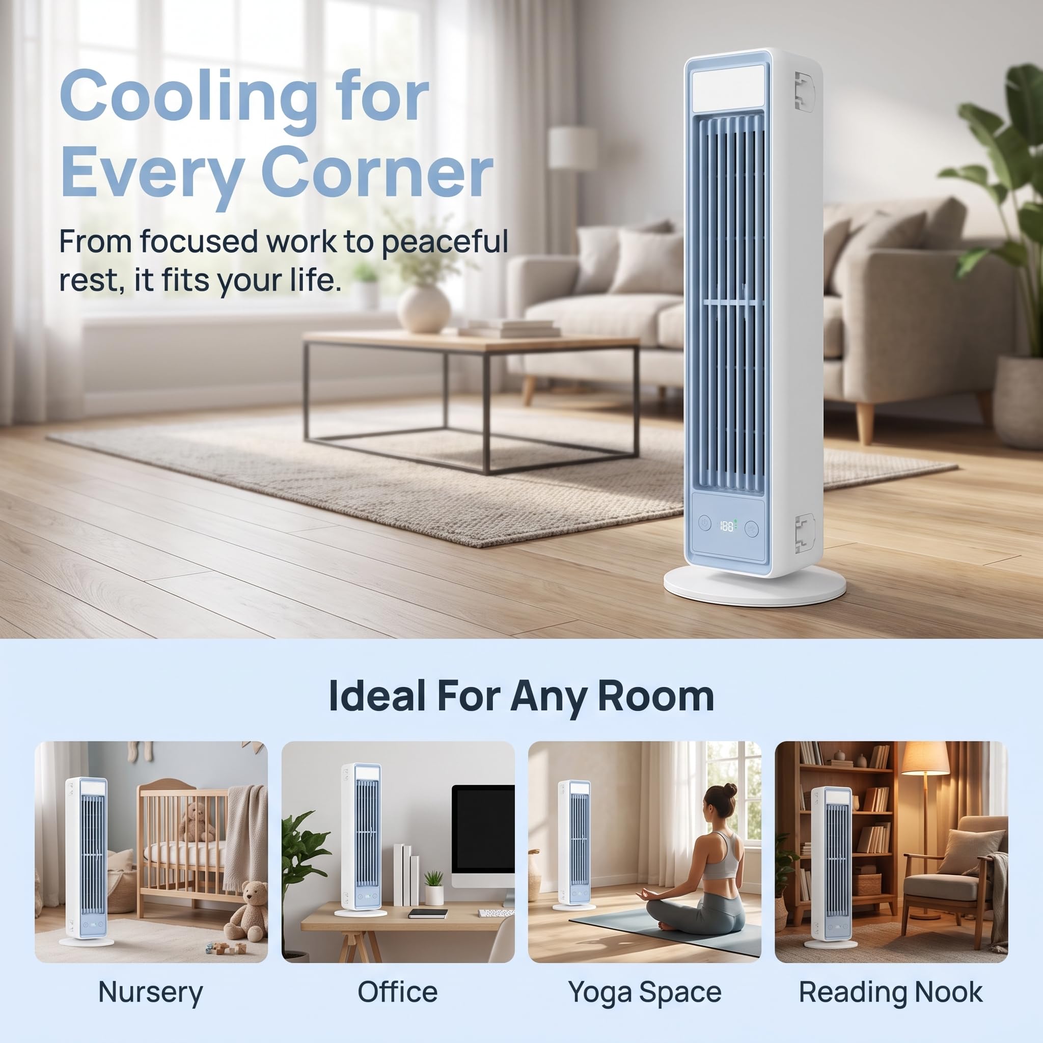 Ventilatore a Torre Silenzioso, Raffreddamento Potente 8 m/s, Telecomando Omni, Ventilatore Oscillante 48.8° con Display LED e 5 Velocità, 60% di Risparmio Energetico, per Casa e Camera