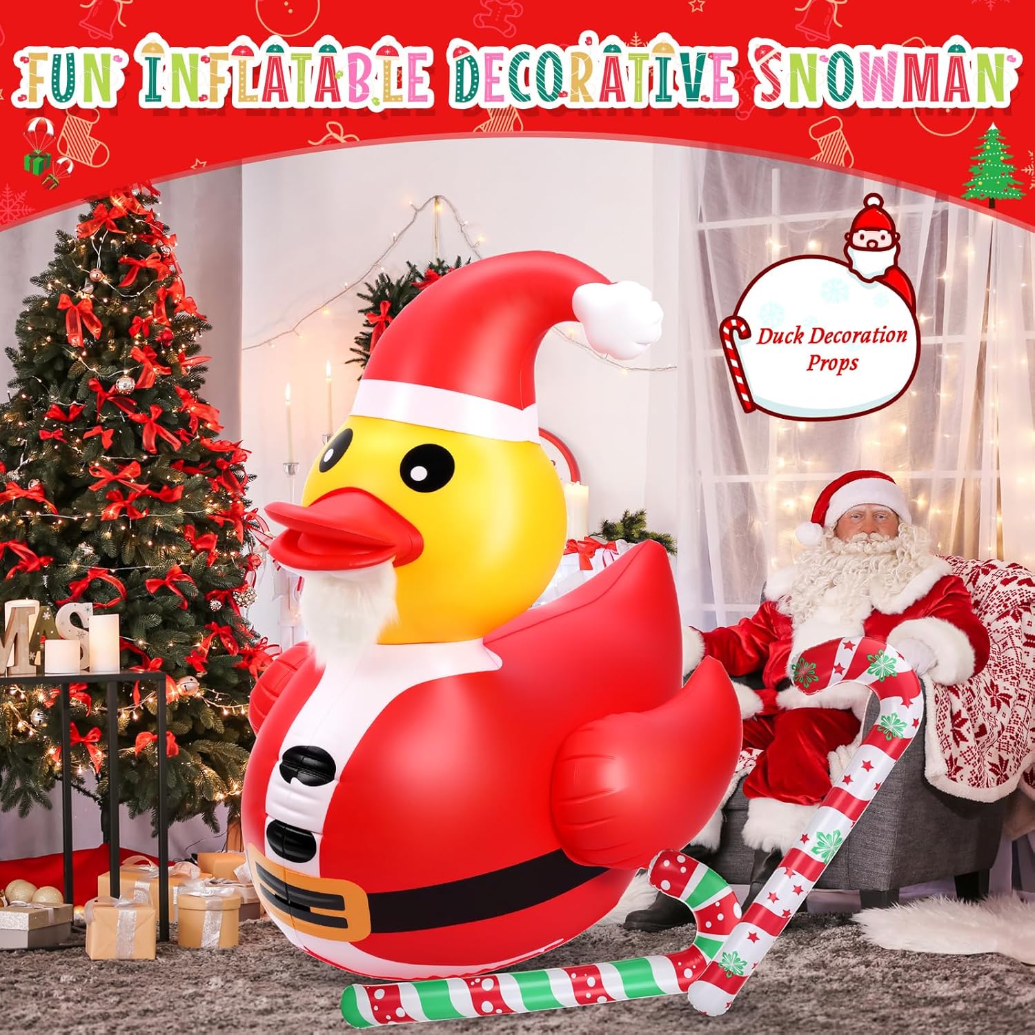 Lenwen 4ft Christmas Inflatable Duck Outdoor Decoration, Blow up Rubber Duck with Giant Candy Cane Inflatable Pool Float Golf Cart Decor for Xmas Holiday Yard Lawn Party Favor - Image 6