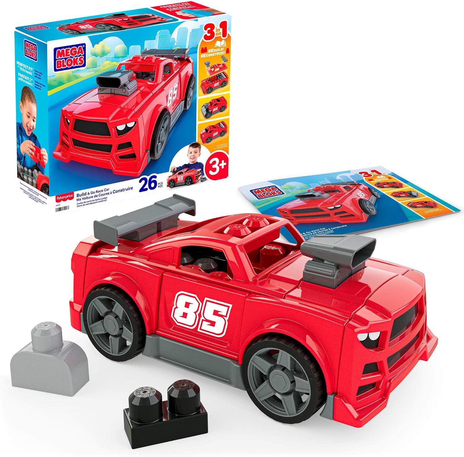 MEGA BLOKS Fisher-Price 3-in-1 Build & Go Race Car Block Toy | 26 Pieces, Rolling Wheels, Pickup Truck and Hot Rod Rebuild, Red, Preschool Kids Ages 3+ Years, Easy to Build