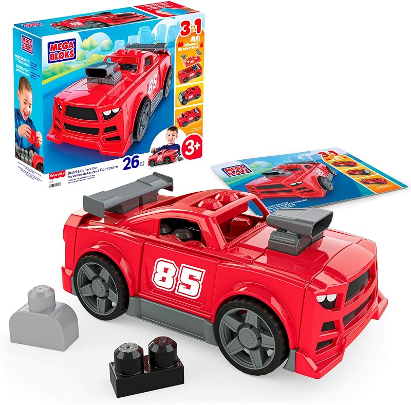 Fisher-Price 3-in-1 Build & Go Race Car Block Toy | 26 Pieces, Rolling Wheels, Pickup Truck and Hot Rod Rebuild, Red, Preschool Kids Ages 3+ Years, Easy to Build