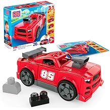 MEGA BLOKS Toddler Vehicle Block Toys Set, 3 in 1 Build & Go Race Car with 26 Pieces and Rolling Wheels, Pickup Truck and Hot Rod Rebuild, Red, Ages 3+ Years