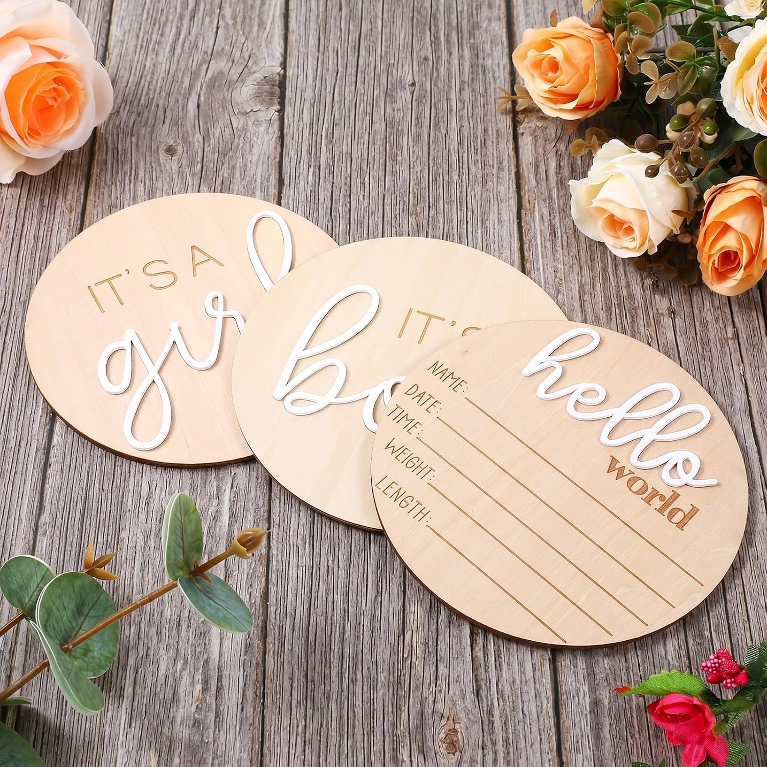 Baby Announcement Sign 3PCS It's a Boy/It's a Girl & Hello World Wooden Gender Reveal Plaque for Newborn Birth Hospital Photo Props