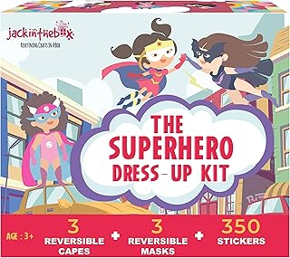 jackinthebox Superhero Dress Up Costumes for Little Girls | Super hero Capes and Masks | Costumes + Crafts | 3 Printed Superhero Capes, 3 Cool Masks, 350+ stickers to decorate