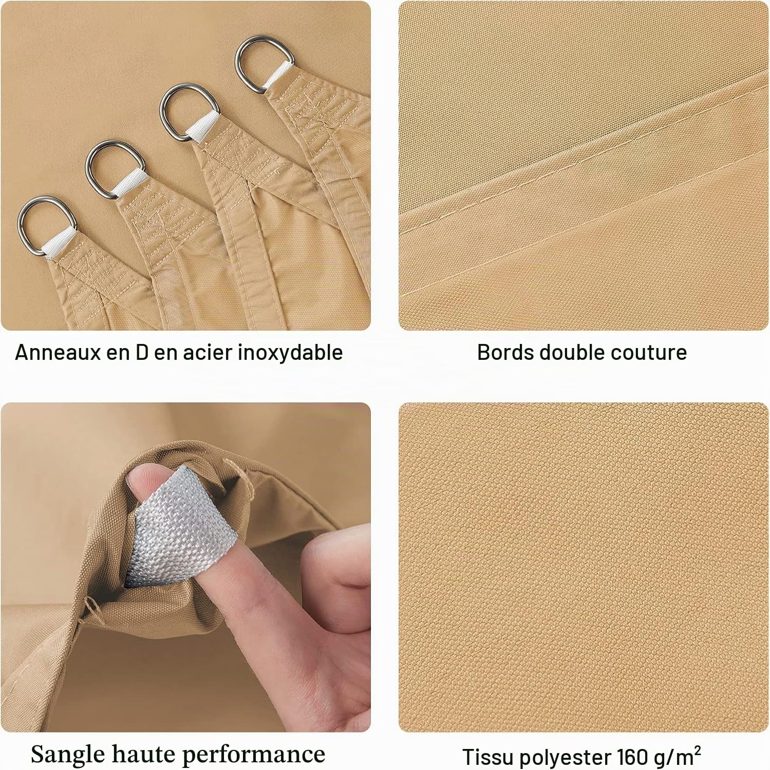 HAIKUS Voile d'ombrage Imperméable Triangulaire 4x4x4m, Toile Ombrage PES Résistant à l'eau, Filet dombrage Triangle 4m Résistant 98% Protection Rayons UV pour Patio Jardin Extérieur, Sable 4x4x4