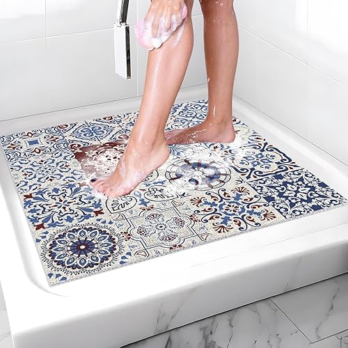 Miniatura 8 de Tapete de ducha antideslizante para bañera estilo azulejo, sin ventosas, 24 x 16 pulgadas, tapete de baño de masaje de lufa de PVC para ducha, baño,