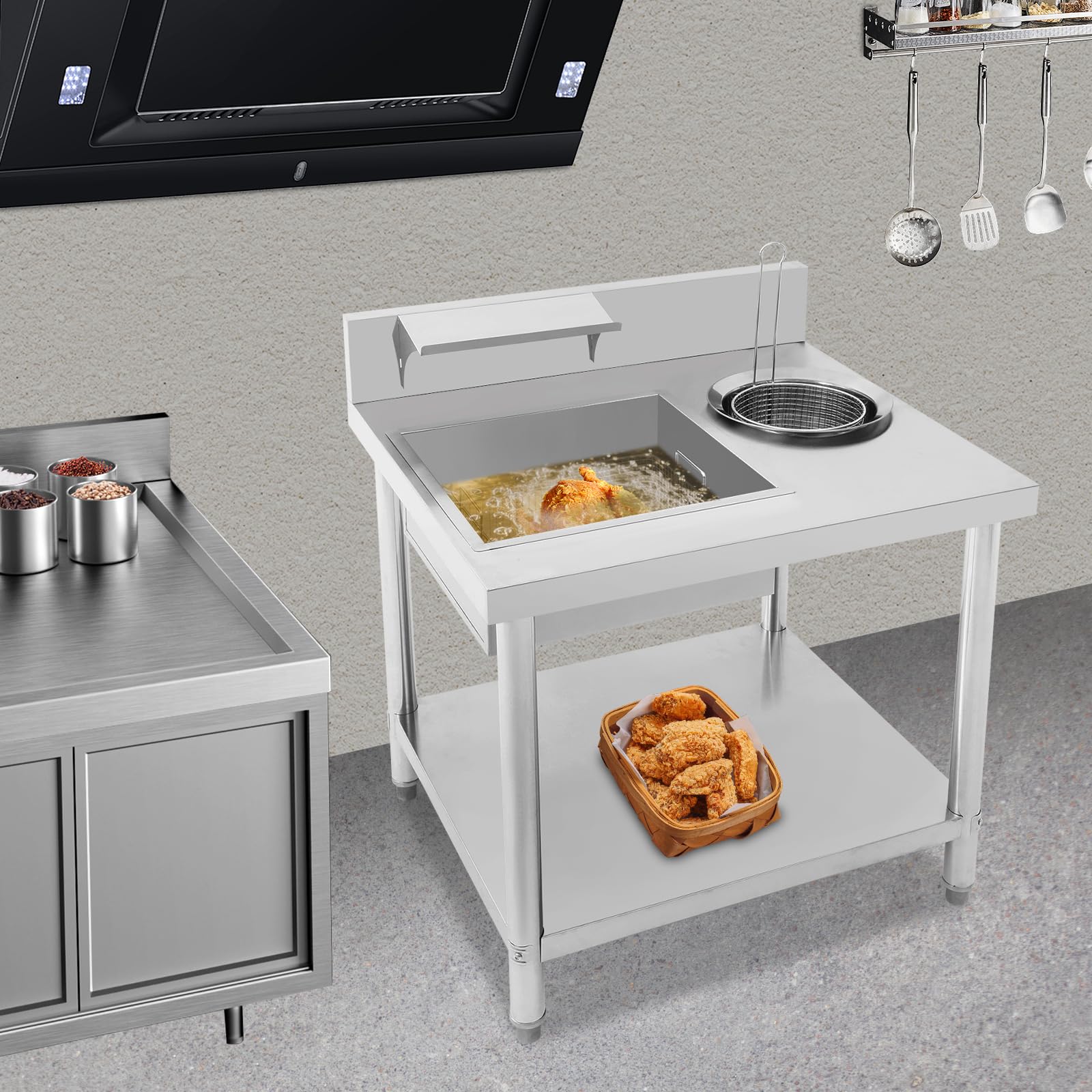 Table à paner, 80 x 70 x 93 cm, table de préparation de poulet frit, plan de travail commercial pour paner le poulet frit pour restaurants de poulet rôti