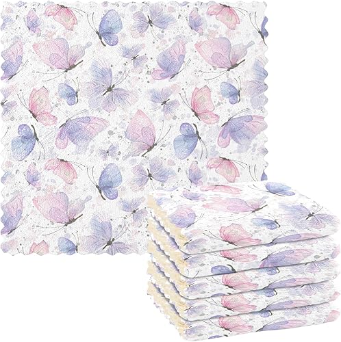 linqin Paquete de 6 paños de cocina de microfibra de secado rápido con diseño de mariposas rosas y lilas, de acuarela, paño de limpieza reutilizable