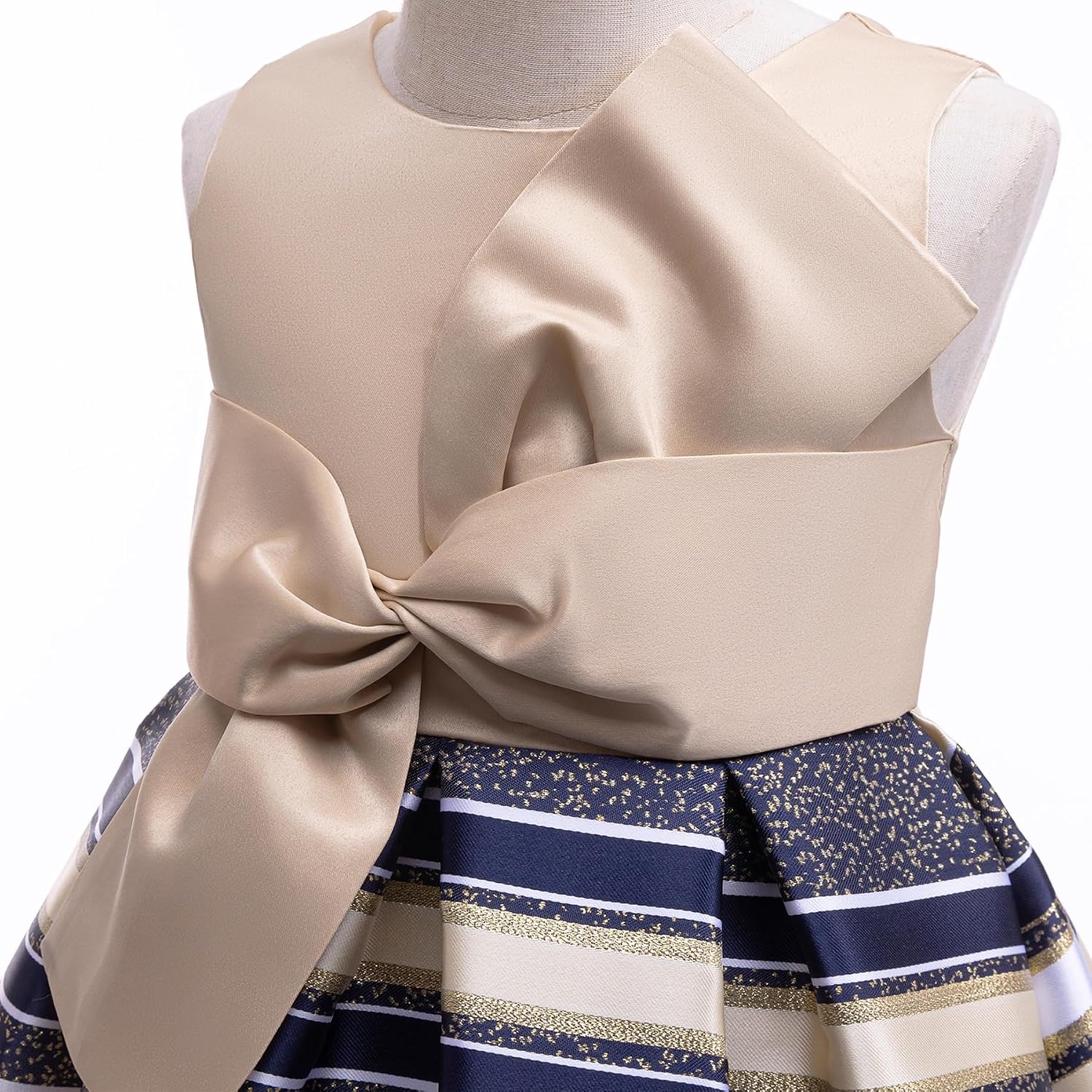 Uhnice Girls Sleeveless Party Dress with Fixed Front Bow Striped A Line Skirt Flower Girl Birthday Wedding Outfit