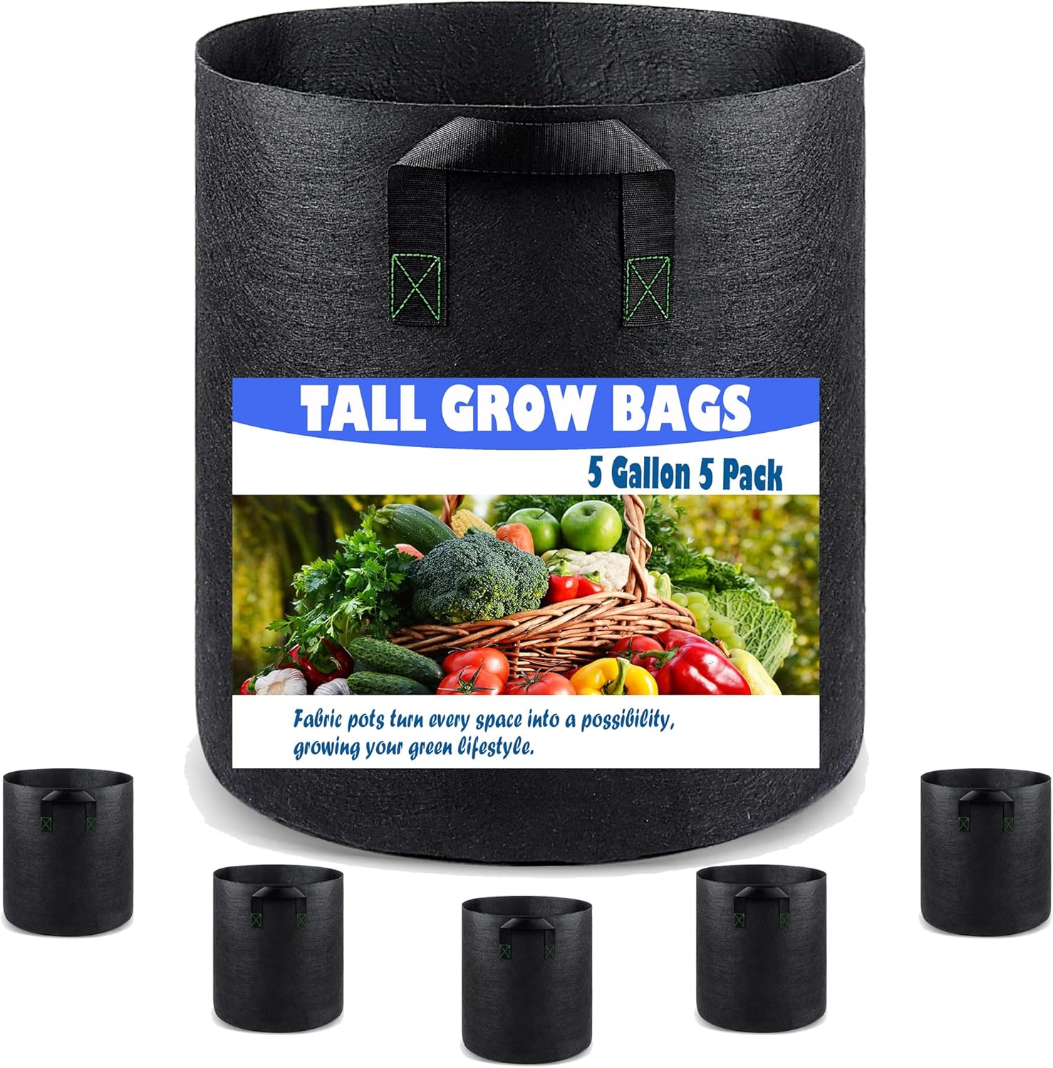 Tall Fabric Pots for Plants, 5 Gallon 5 Pack Cloth Grow Bags with Short Handles, Taller Design for Deep Root Vegetables, Washable Reusable Plant Pots for Garden Patio Pond