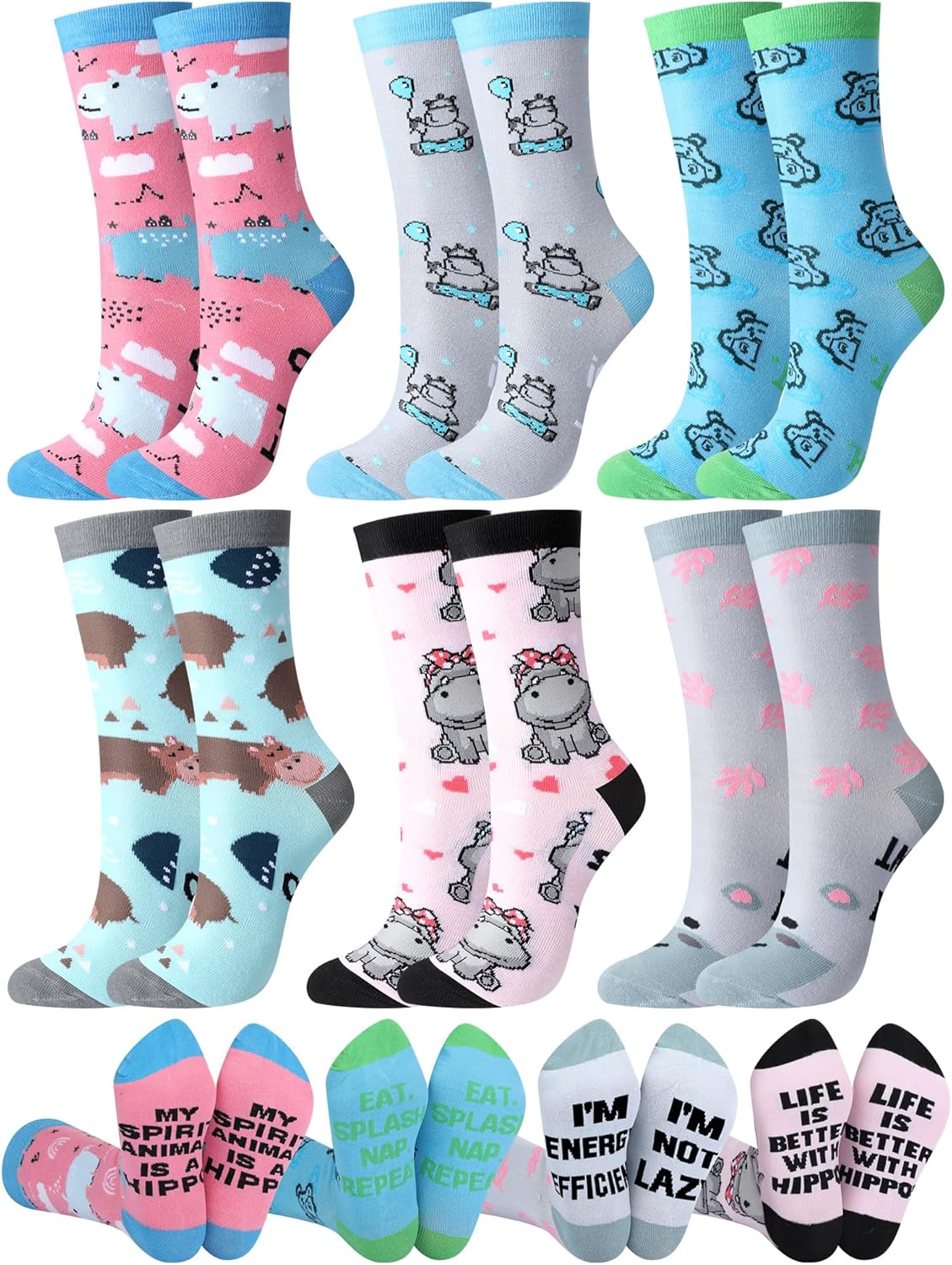 6 Pairs Funny Hippo Socks for Women Men Novelty Animal Themed Cotton Casual Crew Socks Birthday Gift for Hippo Lover
