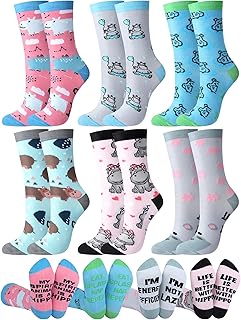 6 Pairs Funny Hippo Lover Gift for Women Men Novelty Animal Themed Cotton Crew Socks Xmas Stuffers Holiday Gift for Hippo Lover