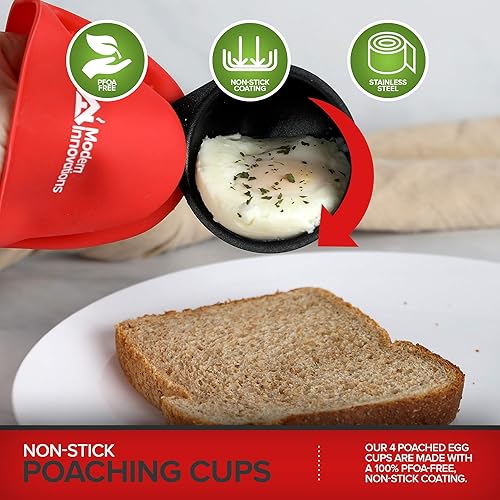 Miniatura 7 de Modern Innovations Bandeja escalfadora de huevos de acero inoxidable de 4 tazas, guante de silicona gratuito, inserto para escalfar huevos y huevos