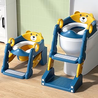 COOSEYA 2-in-1 배변 훈련 시트 및 변기 의자, 스텝 스툴 사다리가 있는 유아용 변기 시트, 높이 조절 가능한 접이식 변기 훈련 변기 스플래시 가드 및 미끄럼 방지 계단 포함
