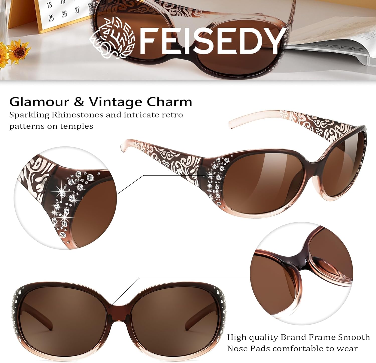 FEISEDY Women's Polarized Sunglasses Wrap Around Rhinestone Design Fashion Sunnies UV400 Protection B1091 - Image 3