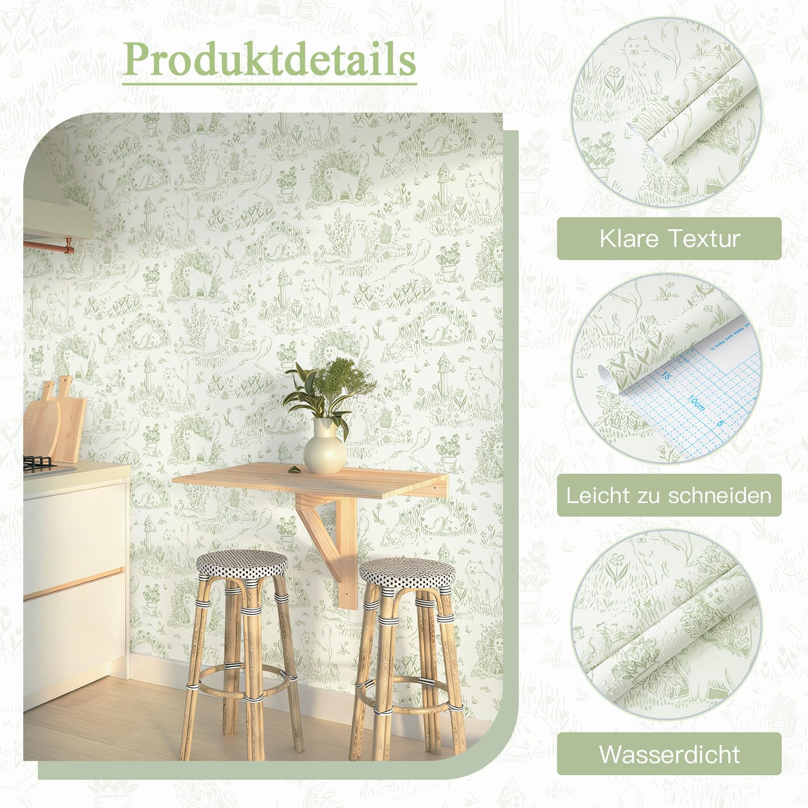 Folia winylowa, zielone koty, skrzynki pocztowe i botaniczna, samoprzylepna tapeta 44 x 1000 cm, styl boho, tapeta ze wzorem w stylu boho, do pokoju dziecięcego, sypialni, szafy, dekoracja