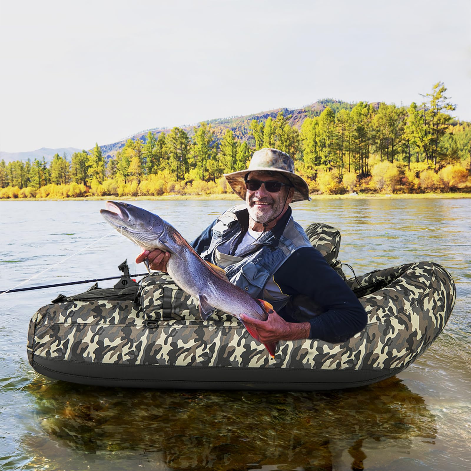 Goplus Inflatable Float Tube, Fishing Belly Boat with Fish Ruler, Pump, Storage Bag, Adjustable Straps, Fishing Float Tube for Angling, 350LBS Load Capacity