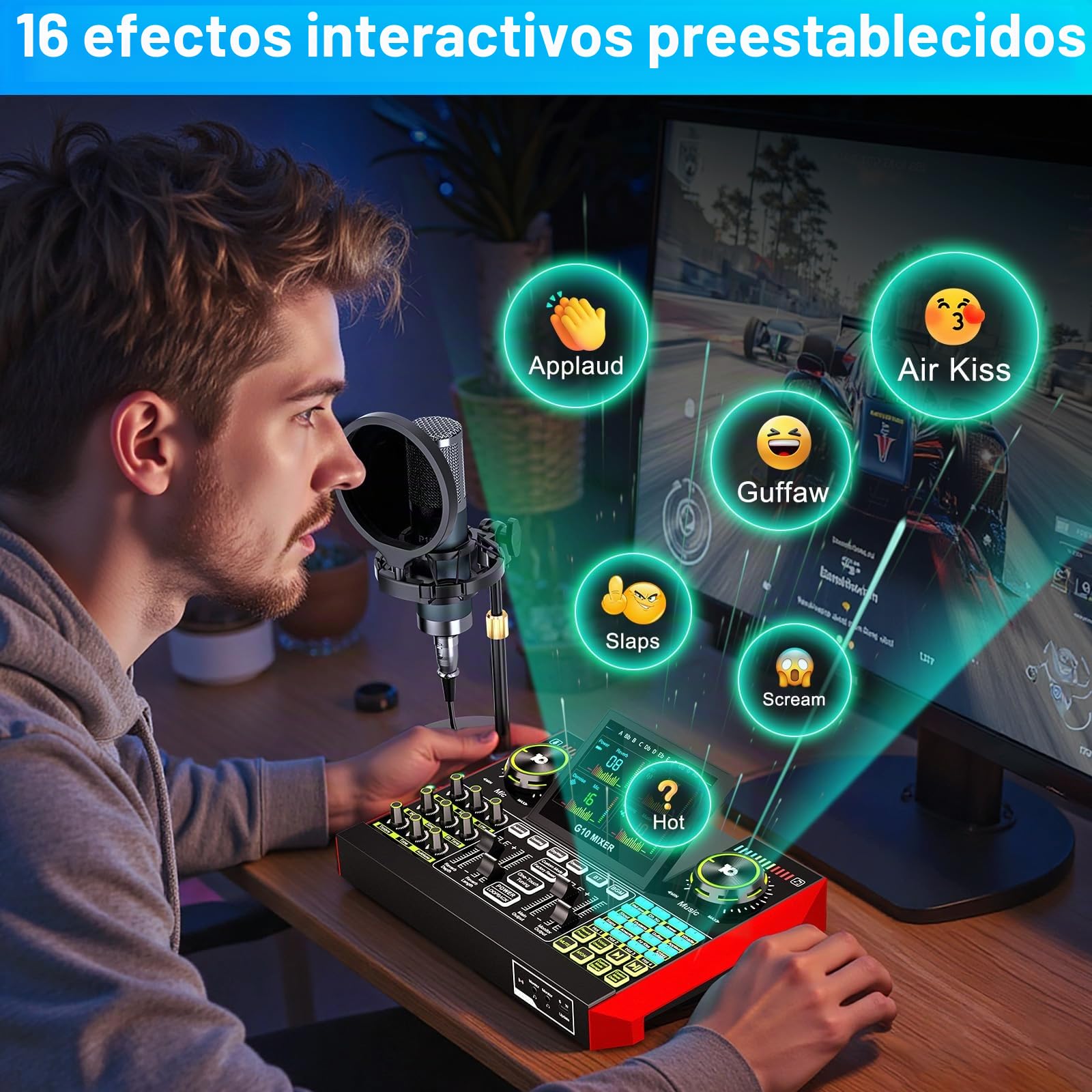 Paquete de micrófono de podcast con mezclador de audio de placa de sonido en vivo, paquete de equipo de podcast con micrófono de condensador de 3.5 mm (P15) para PC/teléfono, transmisión en vivo