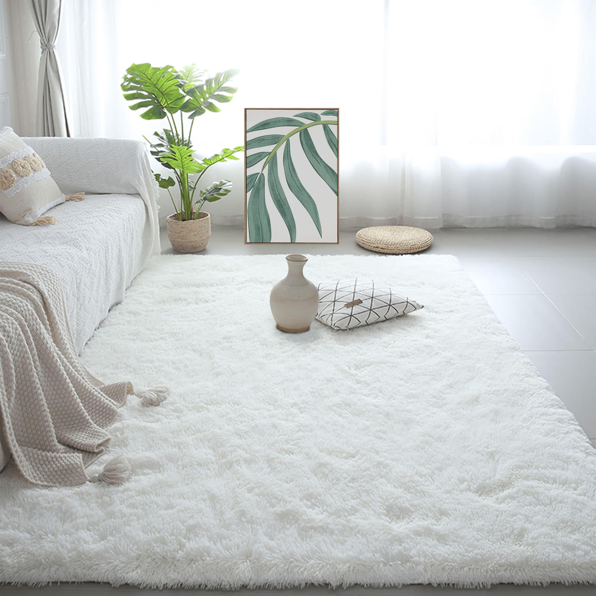 Tapis à poils longs lavable blanc 160x270 antidérapant et ultra doux