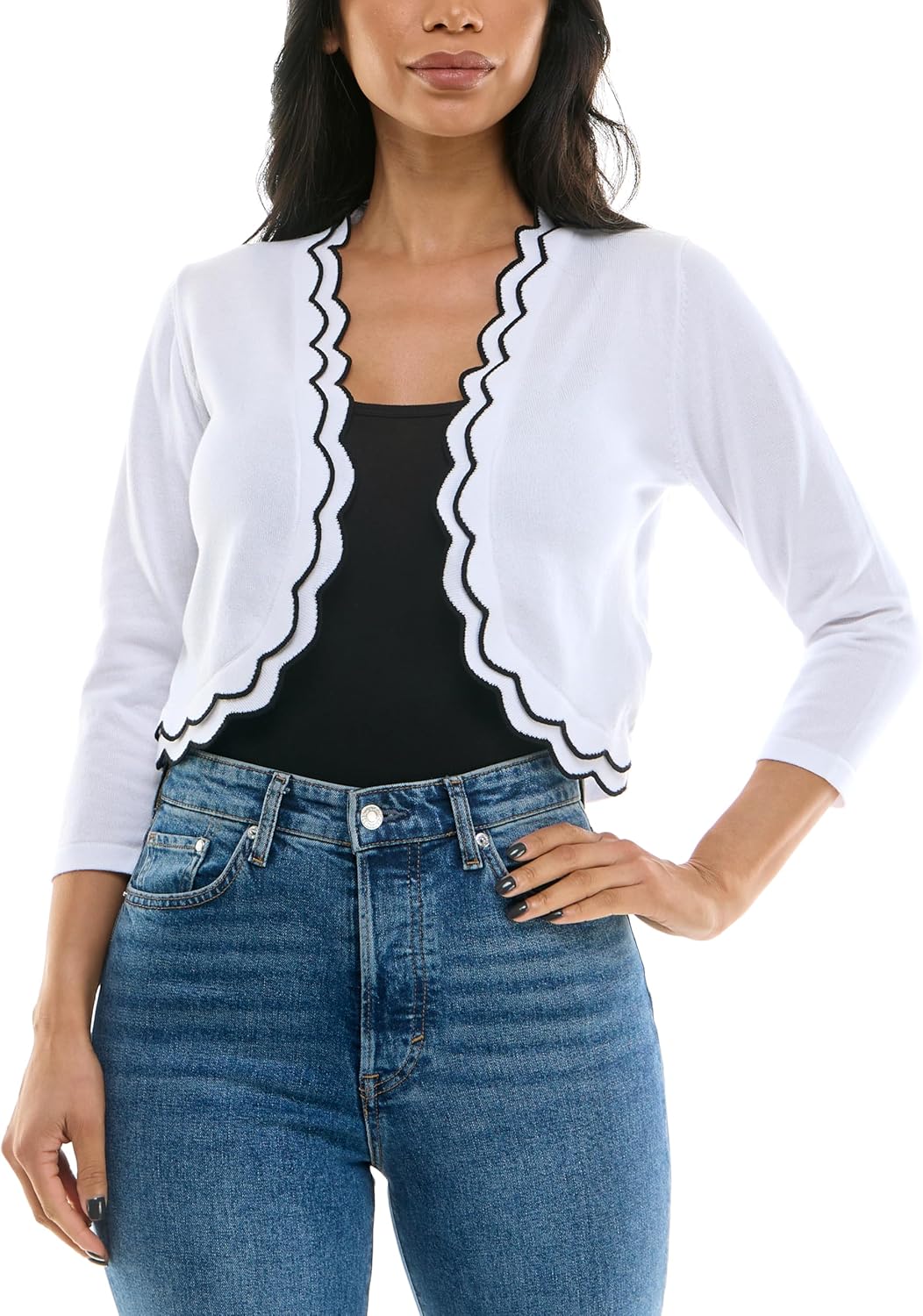 Zac & Rachel Womens 3/4 Sleeve Open Faced Shrug with Tiered Scallop Details