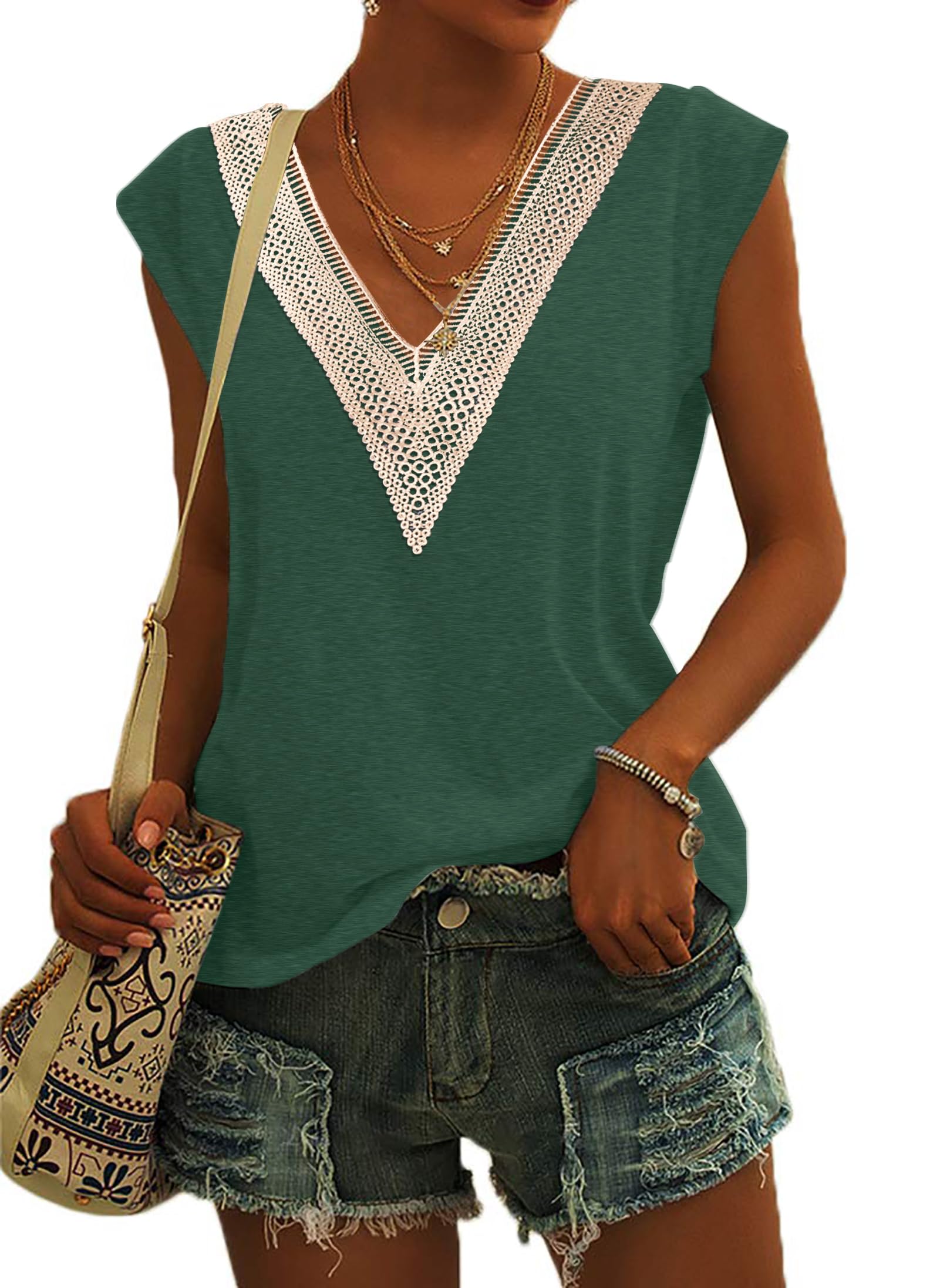 PLOKNRD Camiseta de Encaje Femenino con Cuello V Elegante Blusa de Manga Corta en Verano Camiseta Relajada Blusa de Playa