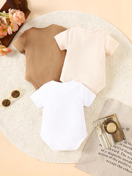 Lot de 3 bodies côtelés à manches courtes pour bébé fille, motif lettres de maman, papa, vêtements doux pour bébé - 2
