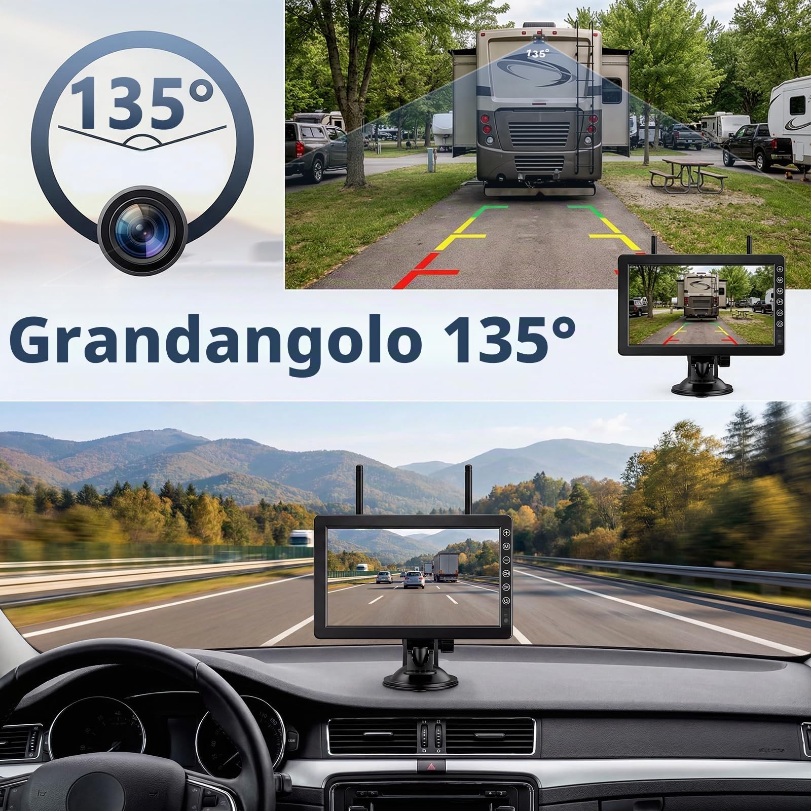 Telecamera Posteriore Senza Fili per Auto con Monitor da 7 Pollici, Visione Notturna 1080P, Impermeabile IP69, Segnali Digitali Stabili, Grandangolare 170° per Camper, Camion, Roulotte(VE-7B)