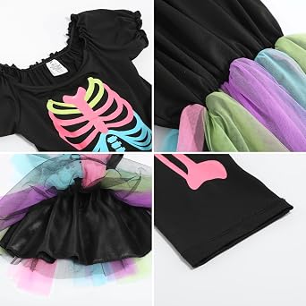 Girls's Rainbow Skeleton Costume,Glow In The Dark Tutu Dress Set with Hair Extensions Halloween