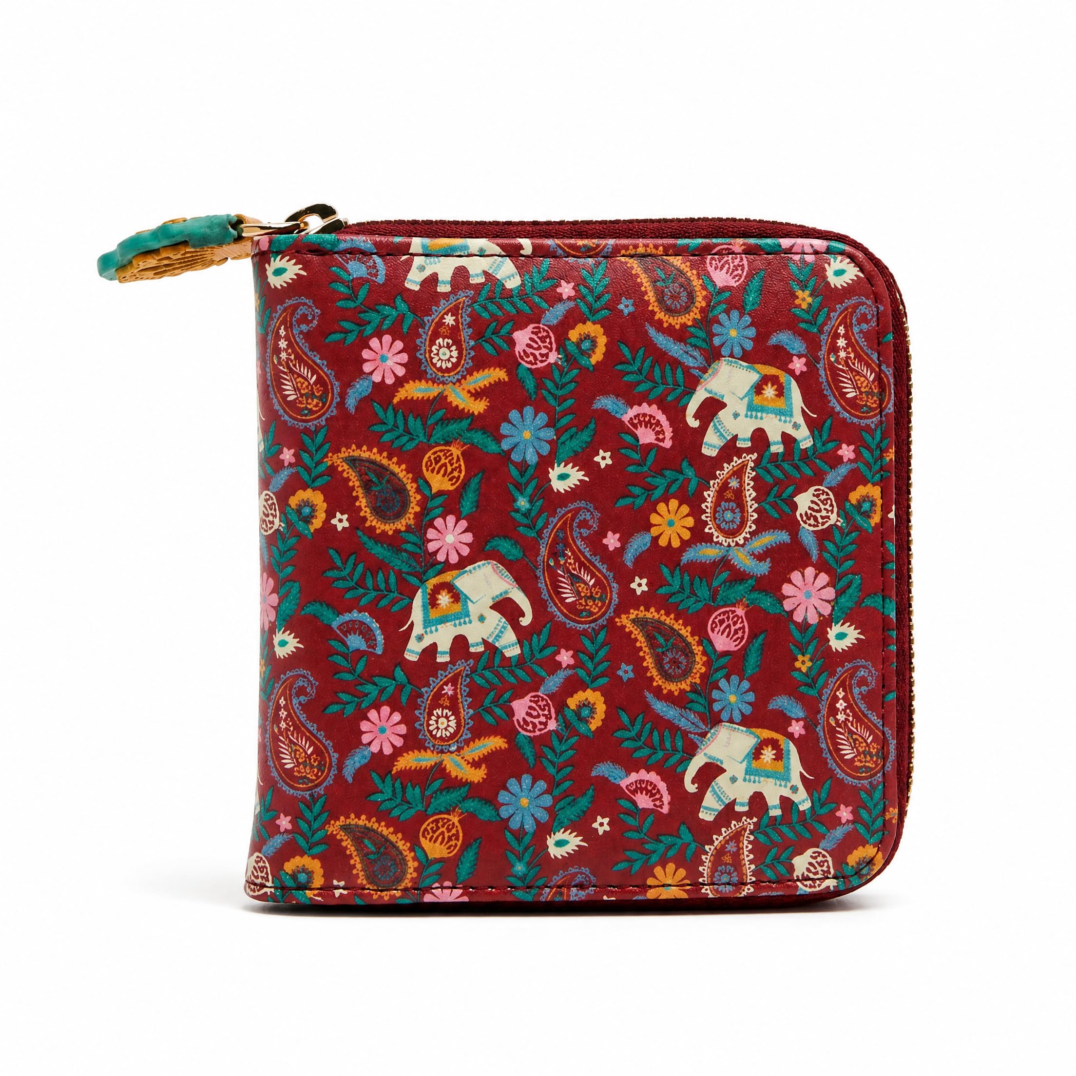 Women's Mini Wallet |Paisley Blossoms Collection | Vegan Leather Square Wallet for Women | Ladies Purse with Zipper Closure & Coin Pouch |Pocket Friendly with Card & Currency Slots - Maroon-image-12