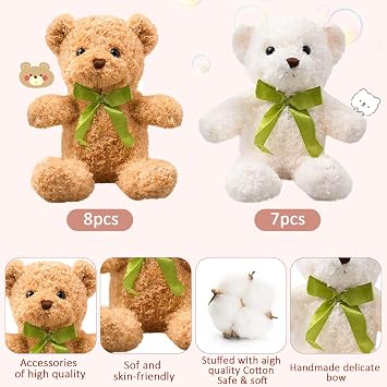 LYCN 15Pcs Small Teddy Bears Bulk, 25cm/10inch Stuffed Animals(White,Brown) | Cute Soft Bear Plush Teddy Toys, with Bow Tie, for Graduation, Birthday, Wedding,Christmas Party Gift