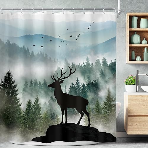 Miniatura 33 de Riyidecor Cortina de ducha de montaña verde rústica para baño, paisaje de bosque, paisaje, tela impermeable, paisaje alpino, decoración de baño