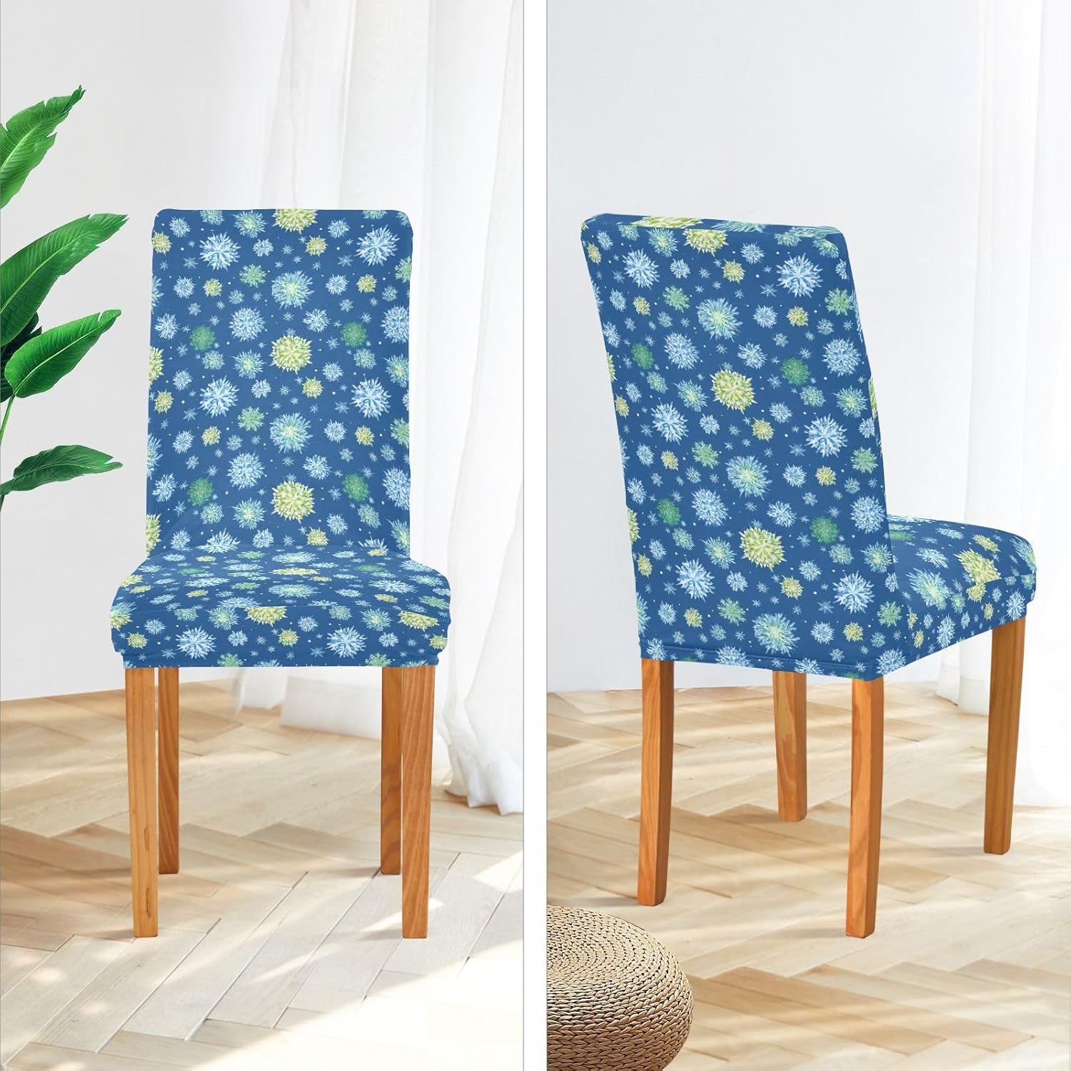 Kcldeci Set of 4 Stretch Removable Washable Short Dining Chair Covers, Winter Snowflakes Blue Christmas Dining Room Chair Protector Seat Slipcover for Hotel,Banquet,Wedding,Party