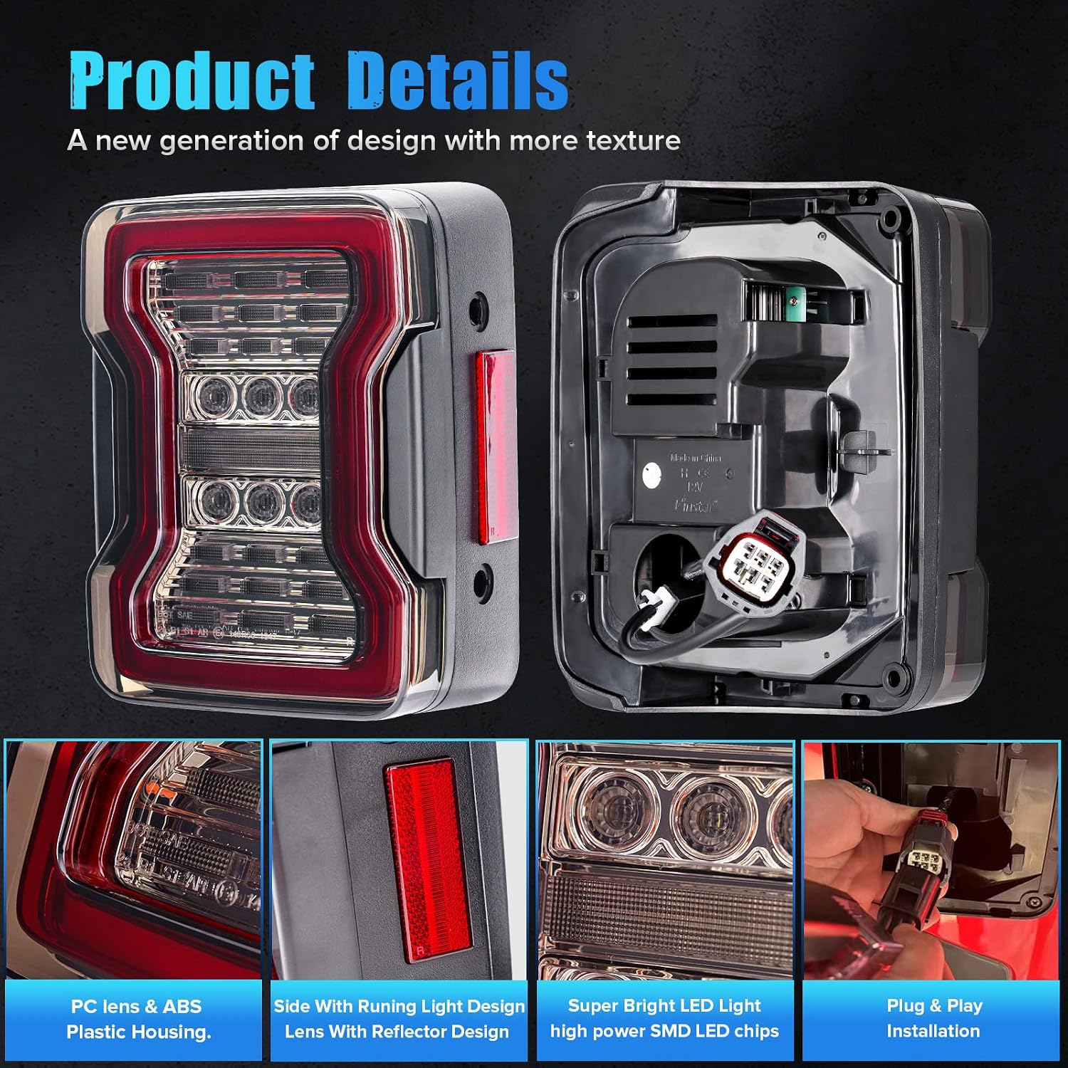 LED Tail Lights Compatible with Wrangler JK JKU 2007-2018, Unique design, including brake lights, reversing lights running lights Smoke Lens 2PCS