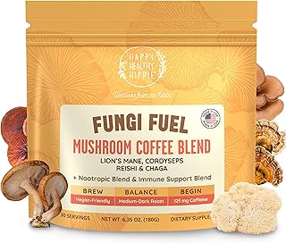 Happy Healthy Hippie Mushroom Coffee with 125mg Caffeine – Lion’s Mane, Cordyceps, Reishi & Chaga | Adaptogen Nootropic Instant Mushroom Coffee for Energy & Focus | Medium Roast – 30 Servings