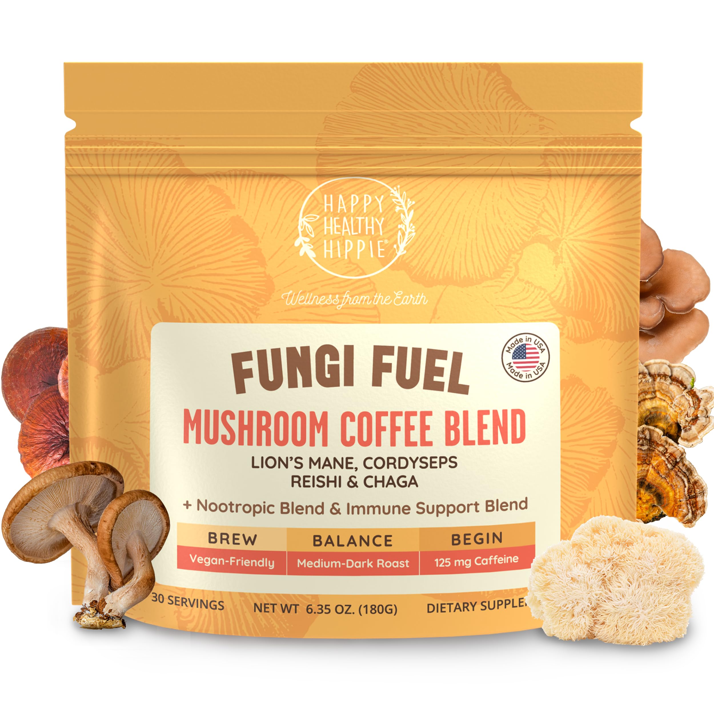 Nootropic Mushroom Coffee Instant - Energy & Focus - 8 Mushroom Blend, 6 Oz