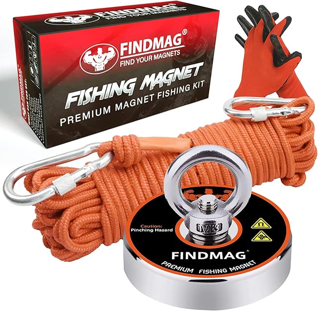 Magnet Fishing Kit, Strong Fishing Magnet 500 LB(227 KG) Pulling Force Round Neodymium Magnets, River Magnet for Magnet Fishing & Salvage in River, with 65 ft(20 m) Nylon Rope Carabiner Hand Gloves