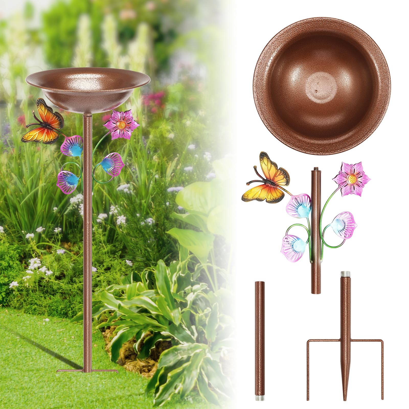 Cast Iron Bird Bath for Garden Freestanding Birdbaths Bowl Outdoor Metal Bird Bath Stand with Stable Base Stake Vintage Birds Baths Feeder Bowl for Outdoors Garden Patio Yard Decor (colorful -30in)