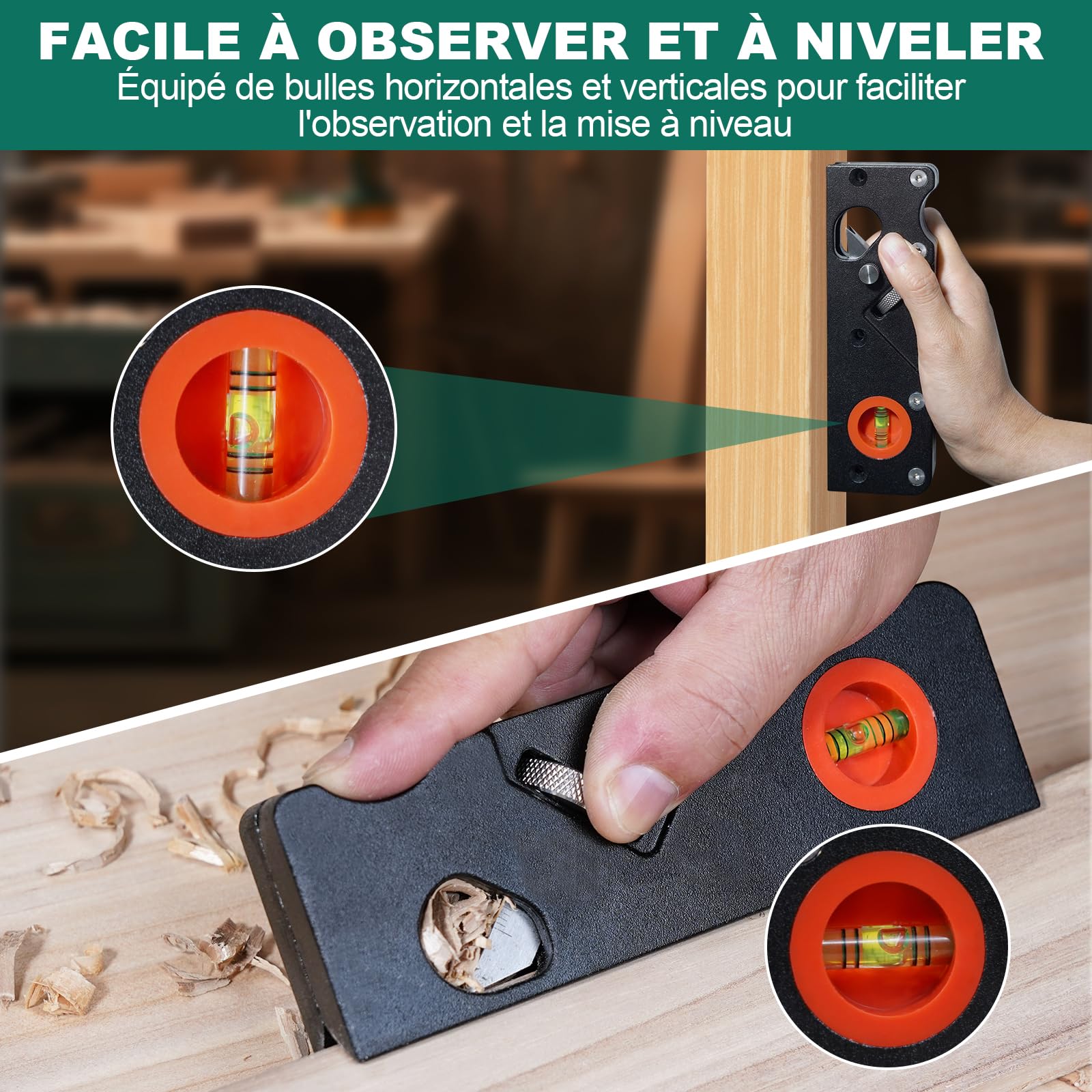 HYCHIKA Rabot Bois, Raboteuse à Chanfreiner avec 4 Têtes de Coupe 45°/3/5/6mm, Poignée Ergonomique, Bulles de Repérage, Rabot à une Main pour les Travailleurs du Bois, Menuisiers, ébénistes