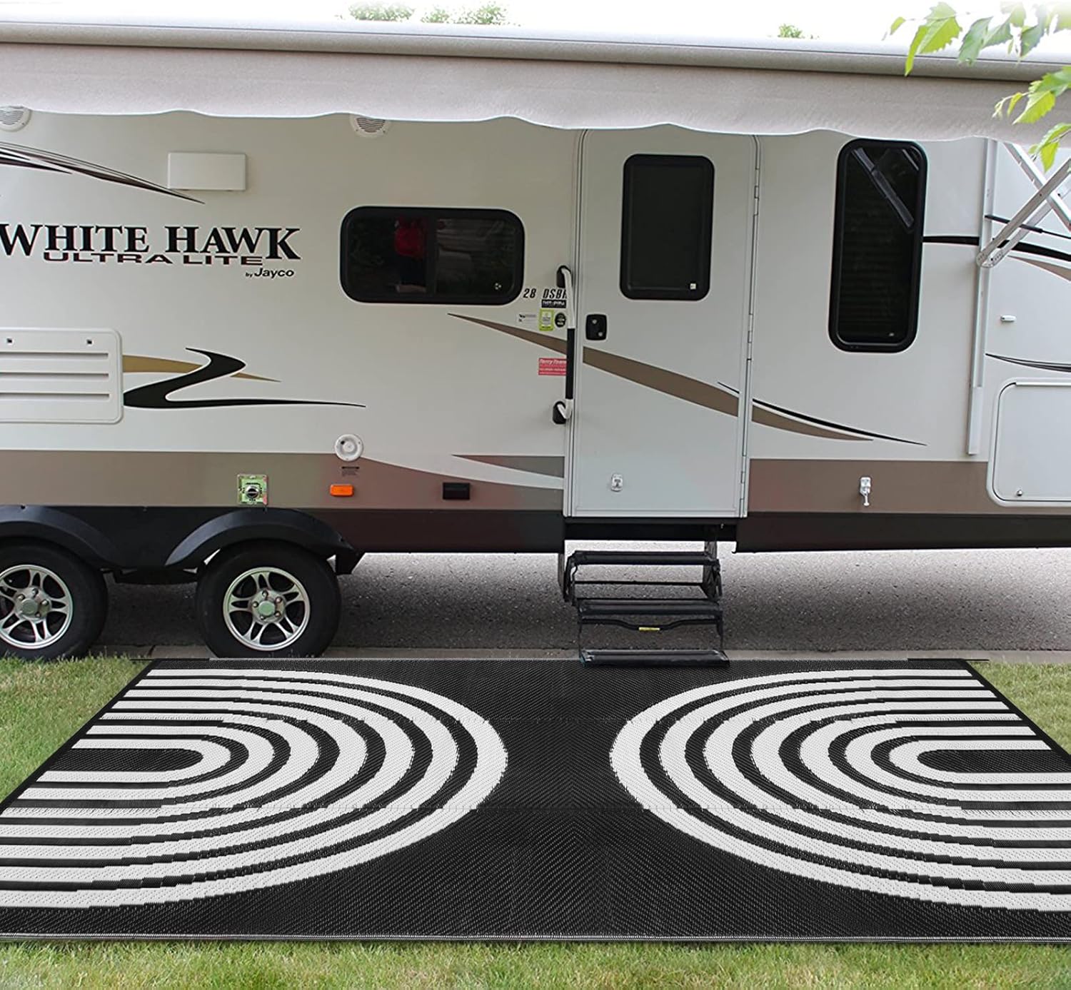 Anidaroel Outdoor Area Rug for Patio Clearance 5x8ft Waterproof, Reversible Plastic Straw Rug Outside Rug, UV Resistant RV Mat for Camping, Porch, Balcony, Pool Deck(Black&White, 5‘x8')