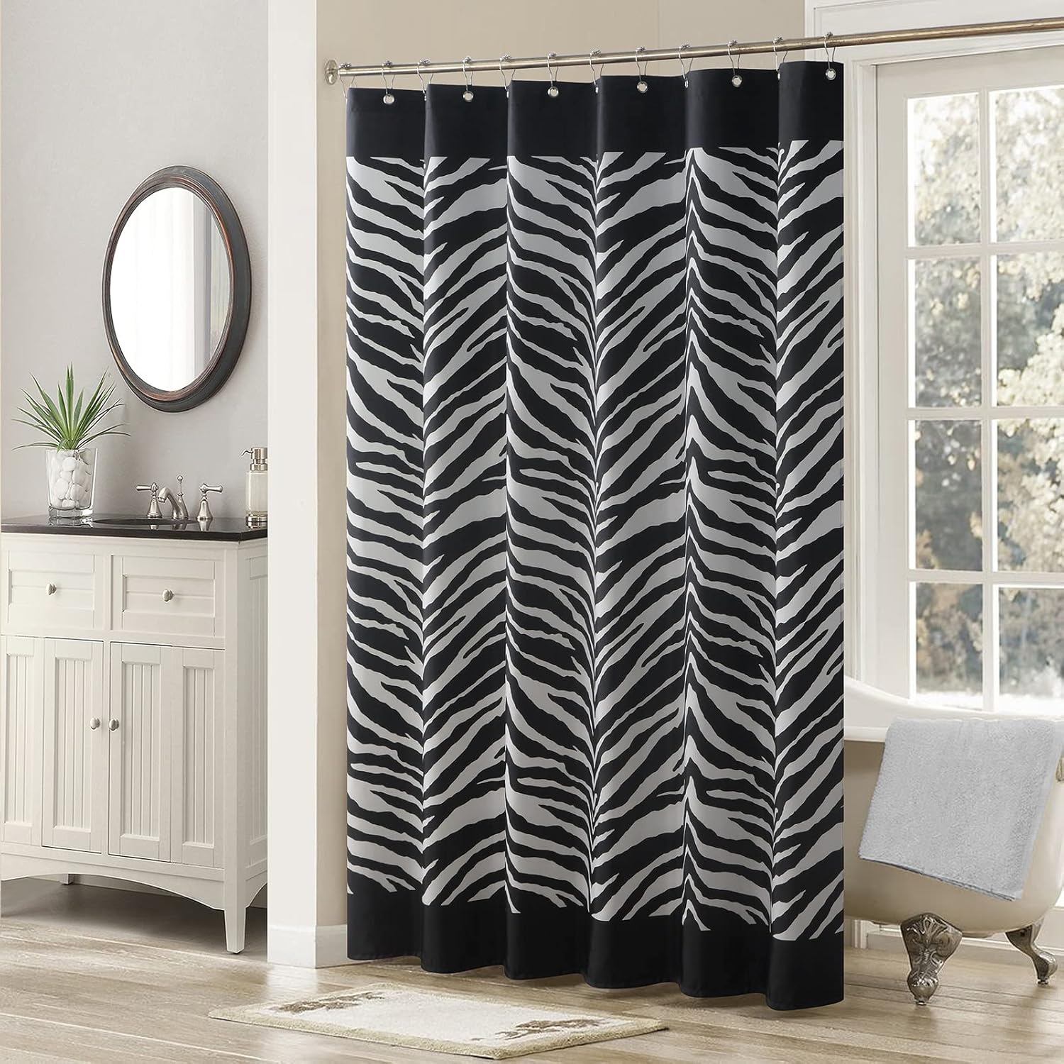 Zebra Black Printed Modern Waterproof Polyester Farmhouse Fabric Shower Curtain,Elegant White Classic Bathroom Curtains,72" W x 72" L