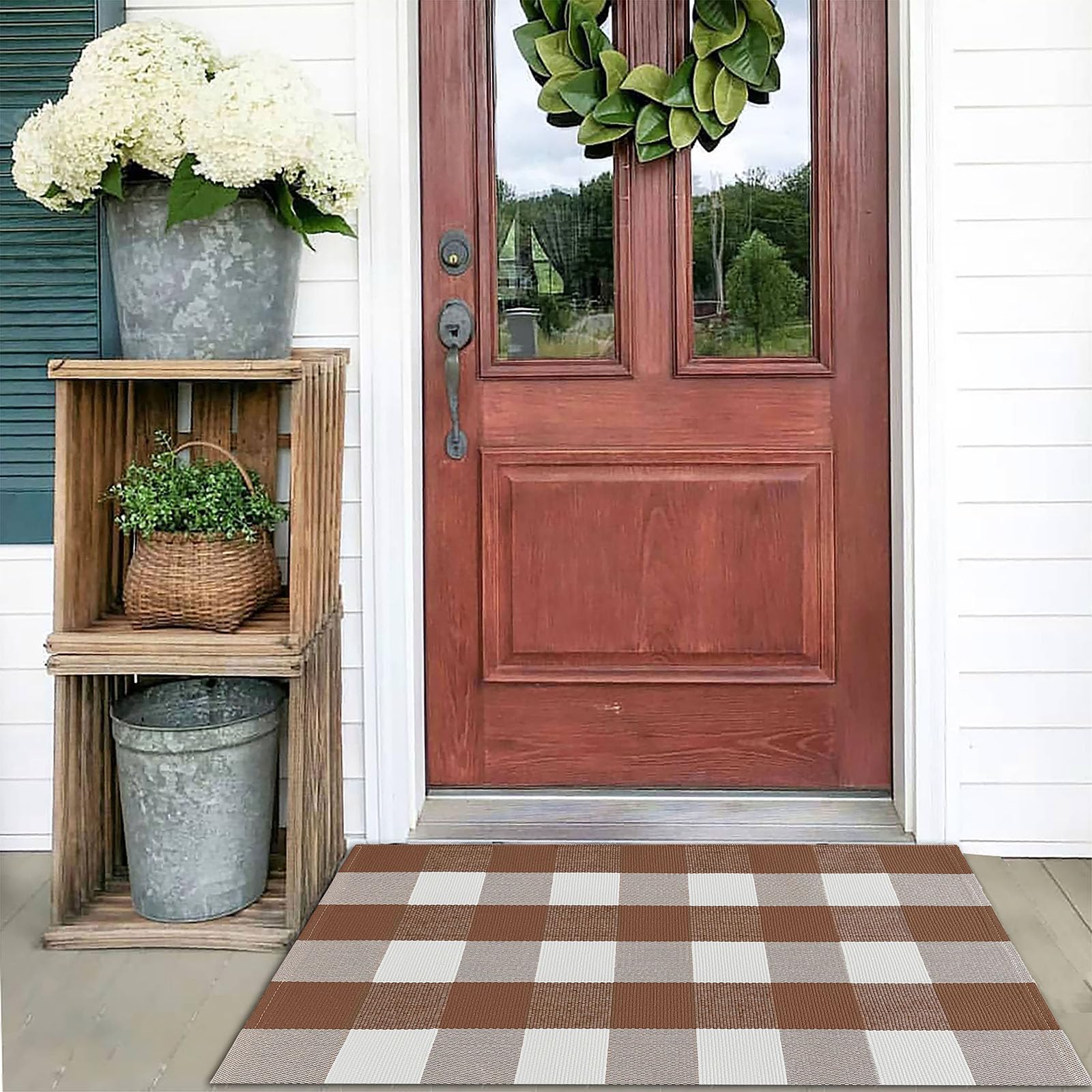 KOZYFLY Buffalo Plaid Area Rugs 2x3 Ft Coffee and White Checkered Rug Washable Front Door Mat Hand Woven Cotton Outdoor Rug Small Rug for Front Porch