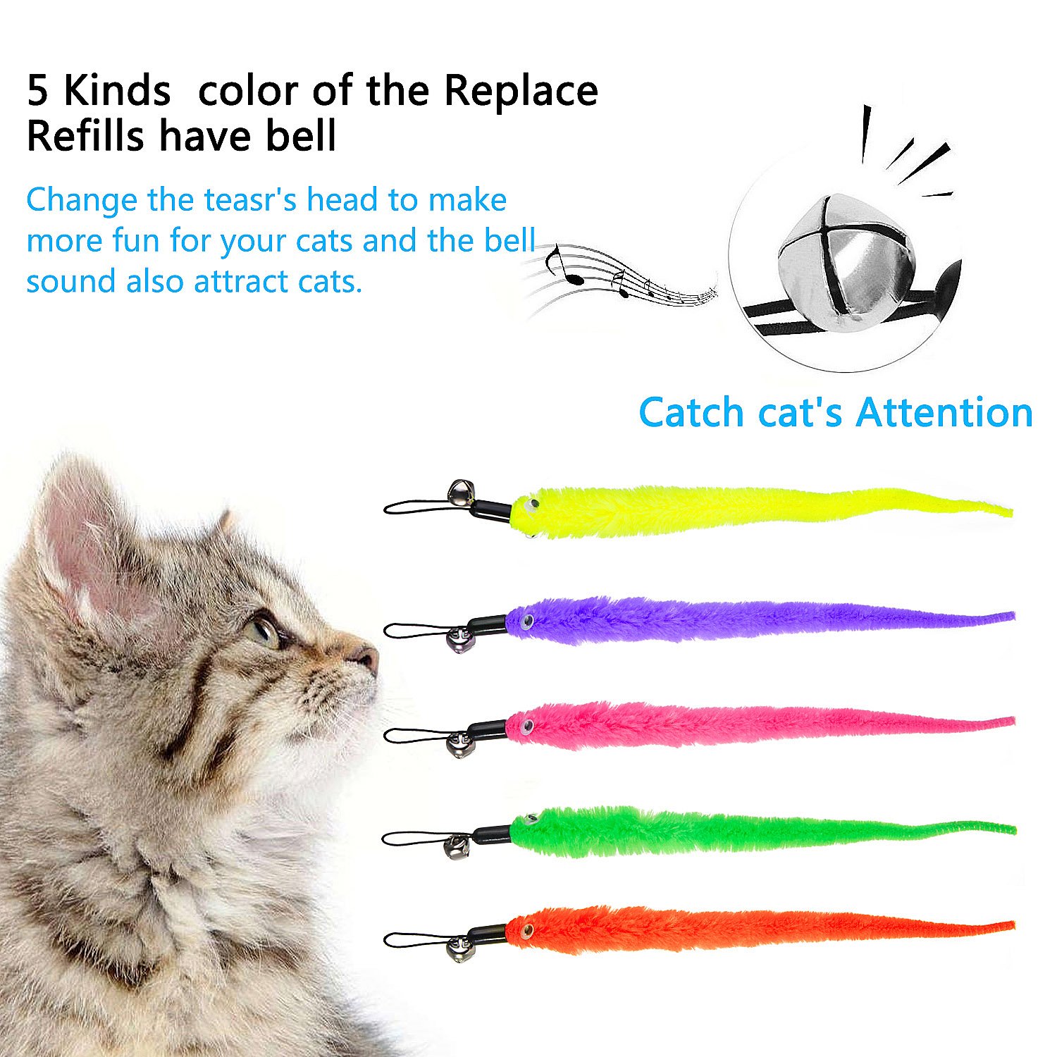 Songway Interactief kattenspeelgoed met veren – kattenspeelgoedset met intrekbare stangen en 9 reserveveren voor insecten met belletjes, kattenhengel, verenstok kattenspeelgoed voor kittens en katten