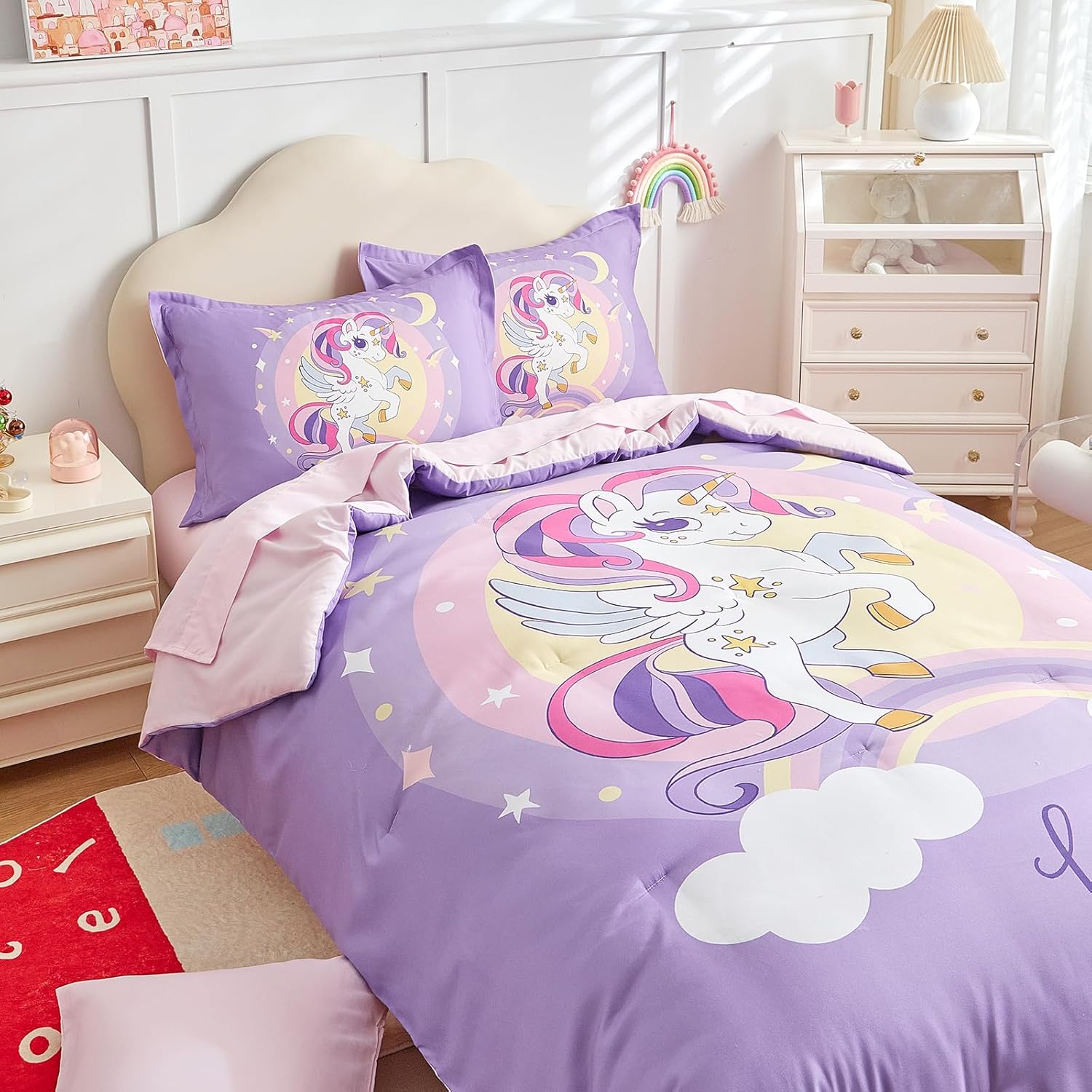 Girls Bed in a Bag Queen Size Purple Unicorn Comforter Set with Rainbow Star - Soft Microfiber 7 Pcs Bedding Set (1 Comforter, 2 Pillow Shams, 1 Flat Sheet, 1 Fitted Sheet, 2 Pillowcases)