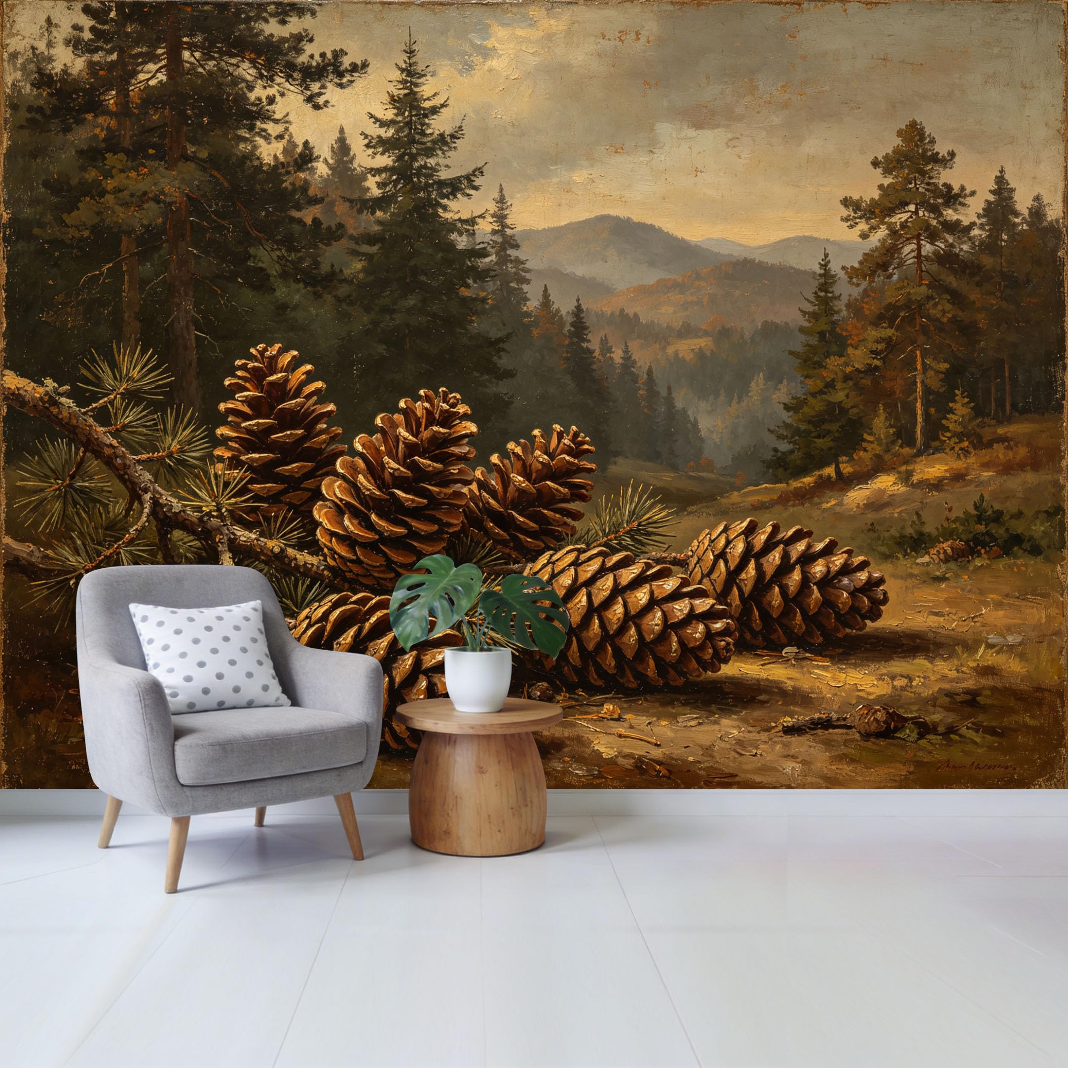 Qzlithotic Yq2605251200 Custom Size Wall Mural Pine Cone Forest Landscape Oil Painting Style Selfadhesive Wall Fabric Removable Wallpaper For Home Office Decor