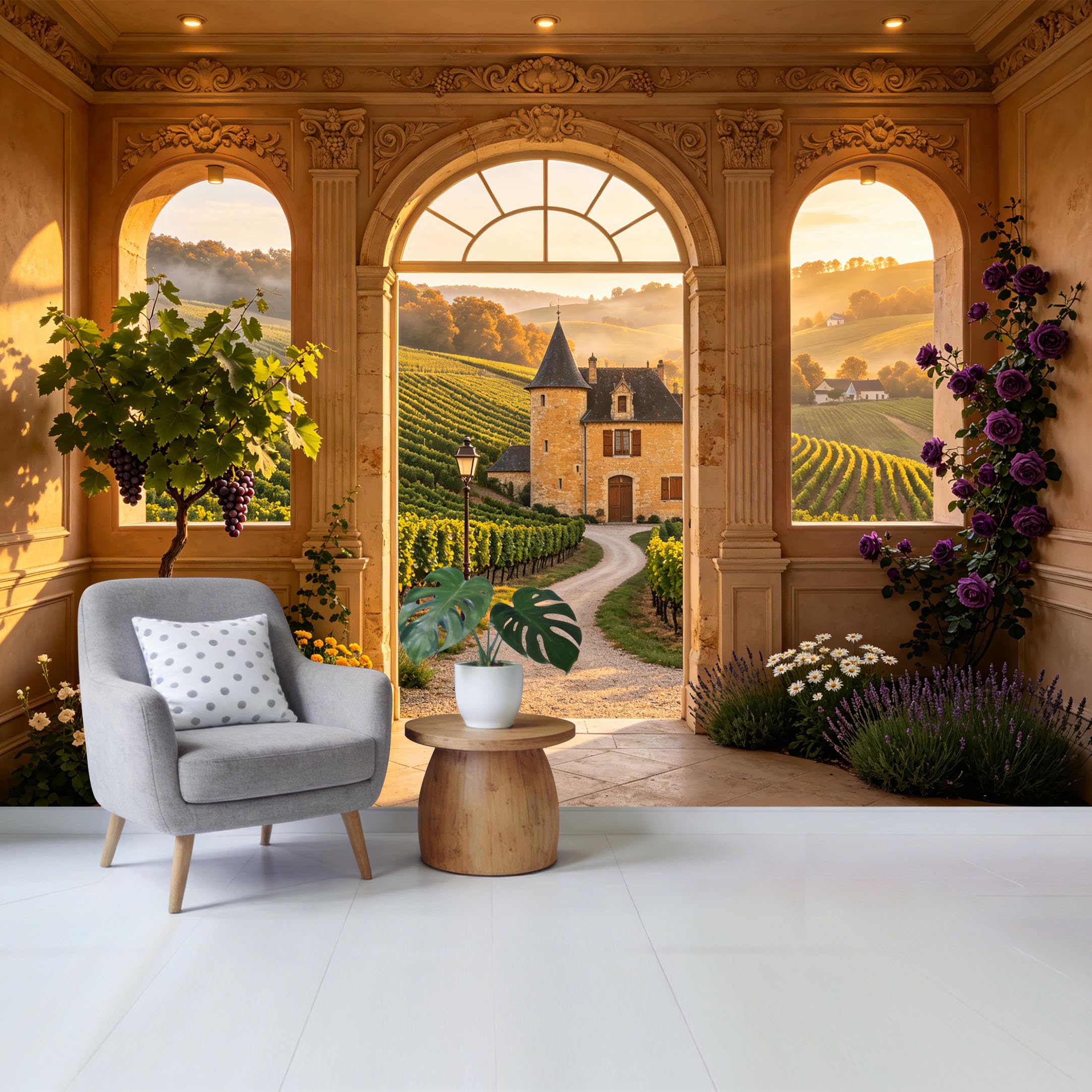 Custom Size Wall Mural Vineyard Chateau Landscape Sunset View Through Archway Removable Self Adhesive Fabric Home Wall Decor for Living Room Bedroom Bathroom