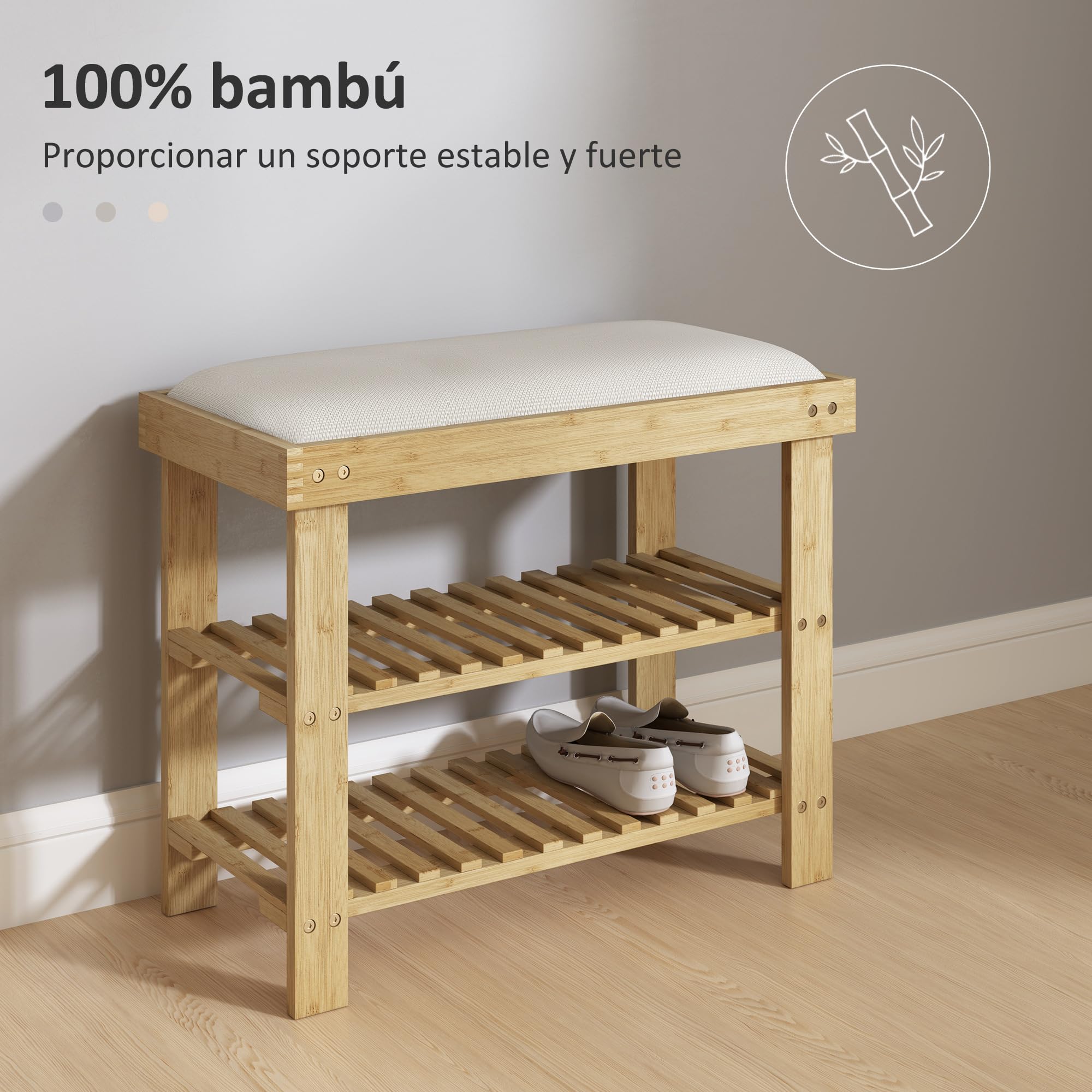 HOMCOM Banco Zapatero de Bambú con Asiento 60x29x49 cm Natural y Crema