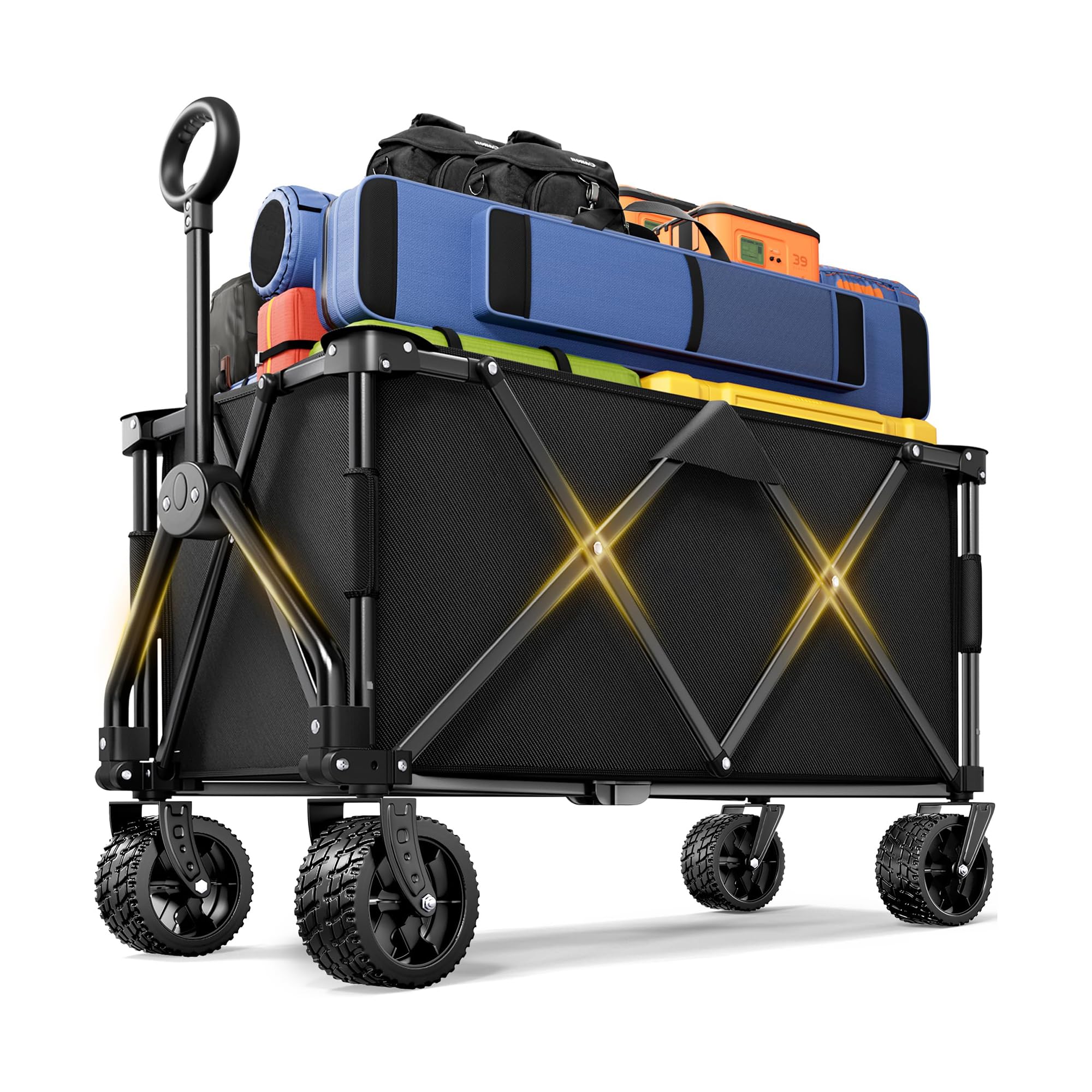 220L Festival Trolley on Wheels, 190KG Heavy Duty Foldable Collapsible Wagon, All-Terrain Wide Sand Wheels, Pull Along Utility Cart for UK Festivals, Beach, Garden, Camping & Weekly Shopping, Black