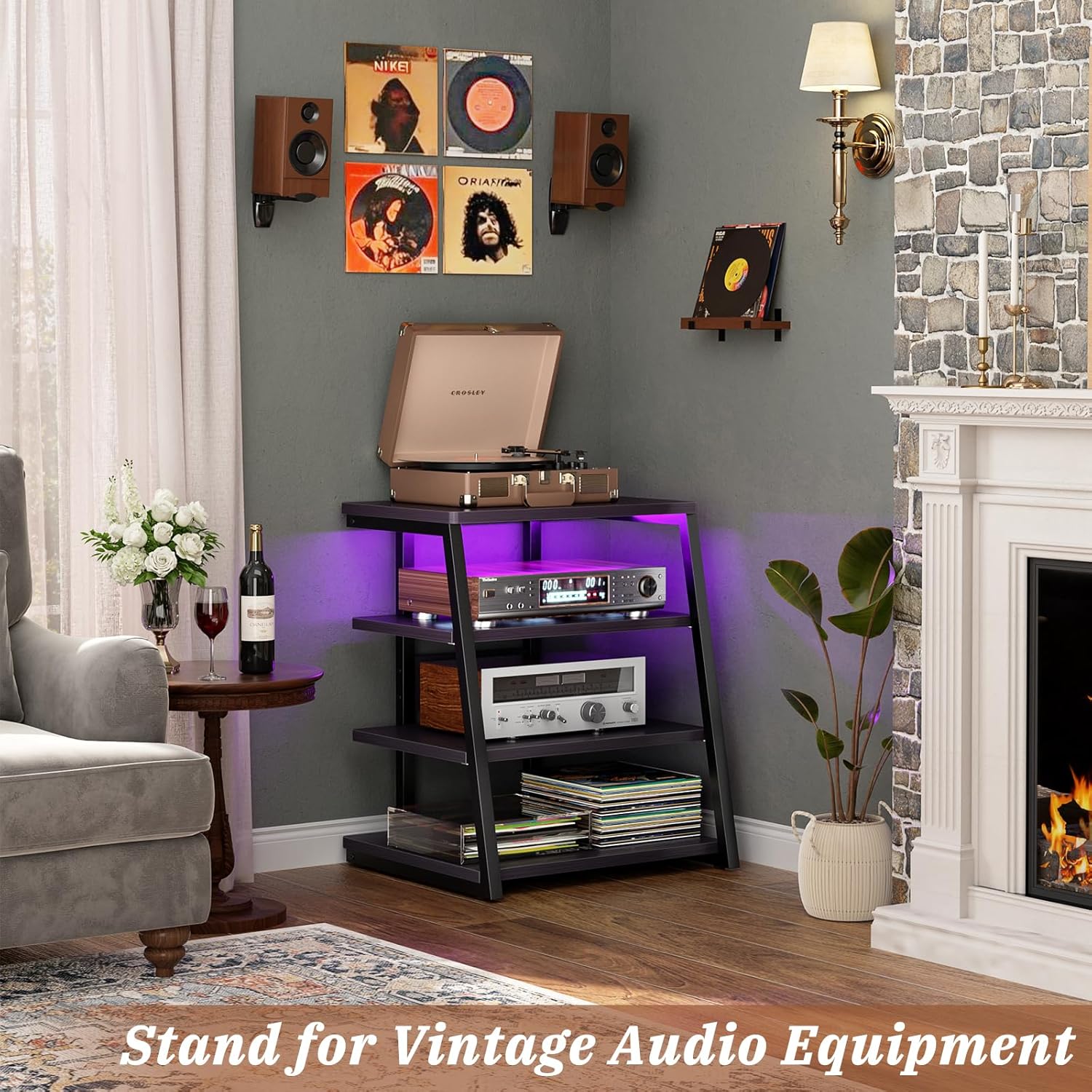 armocity 4-tier av media stand with power strips, stereo stand with led lights, rack audio tower with adjustable shelves, small entertainment center, 30'', black ebony black ebony 30" (h)