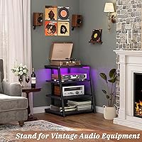 Vista 2 de Armocity Soporte multimedia AV de 4 niveles con tiras de alimentación, soporte estéreo con luces LED, torre de audio en rack con estantes