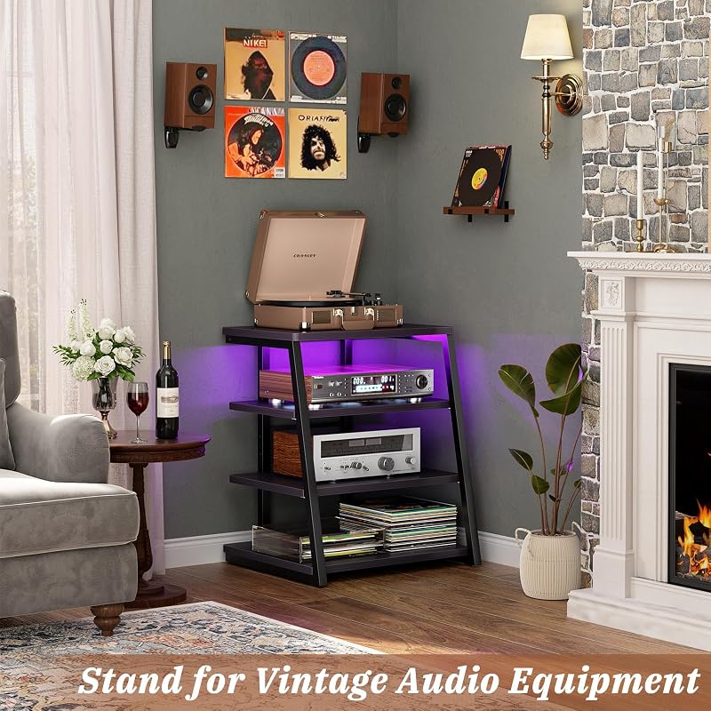 Armocity 4-Tier AV Media Stand with Power Strips, Stereo Stand with LED Lights, Rack Audio Tower with Adjustable Shelves, Small Entertainment Center, 30'', Black Ebony image 2